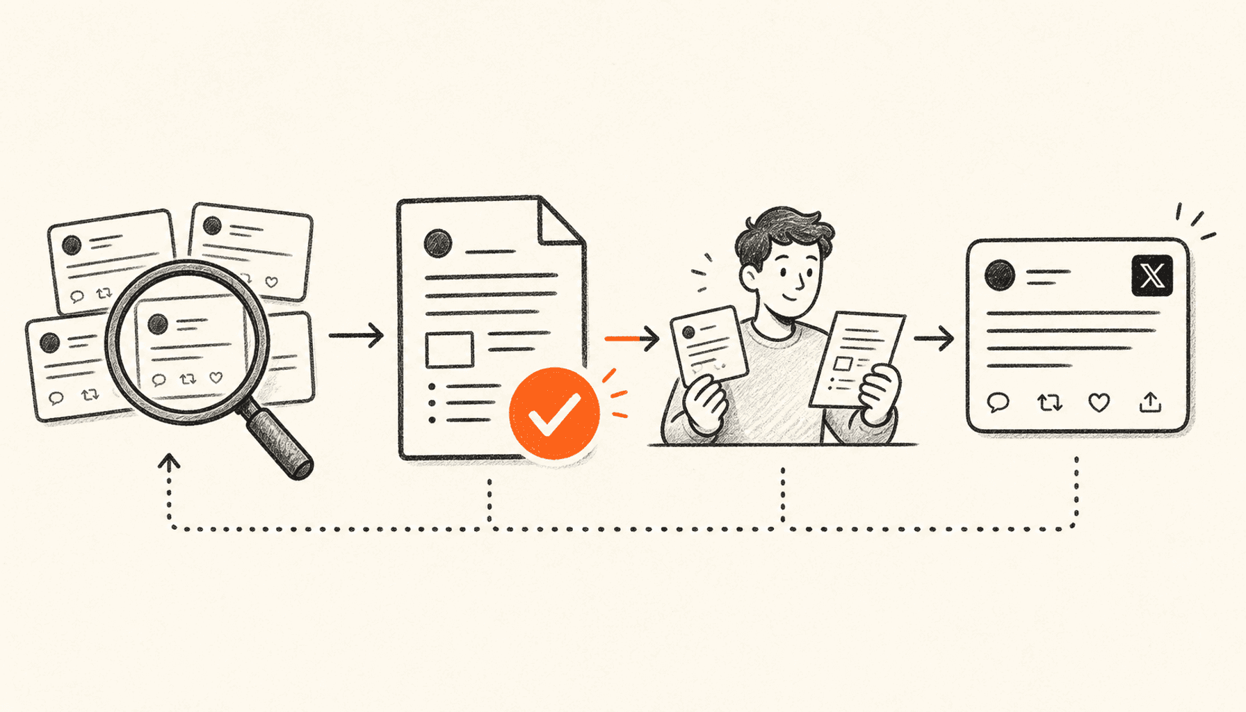 A source-first research workflow moves from inspecting social posts through a verified source and human review to a polished X post, drawn in charcoal line art on cream with orange highlights.