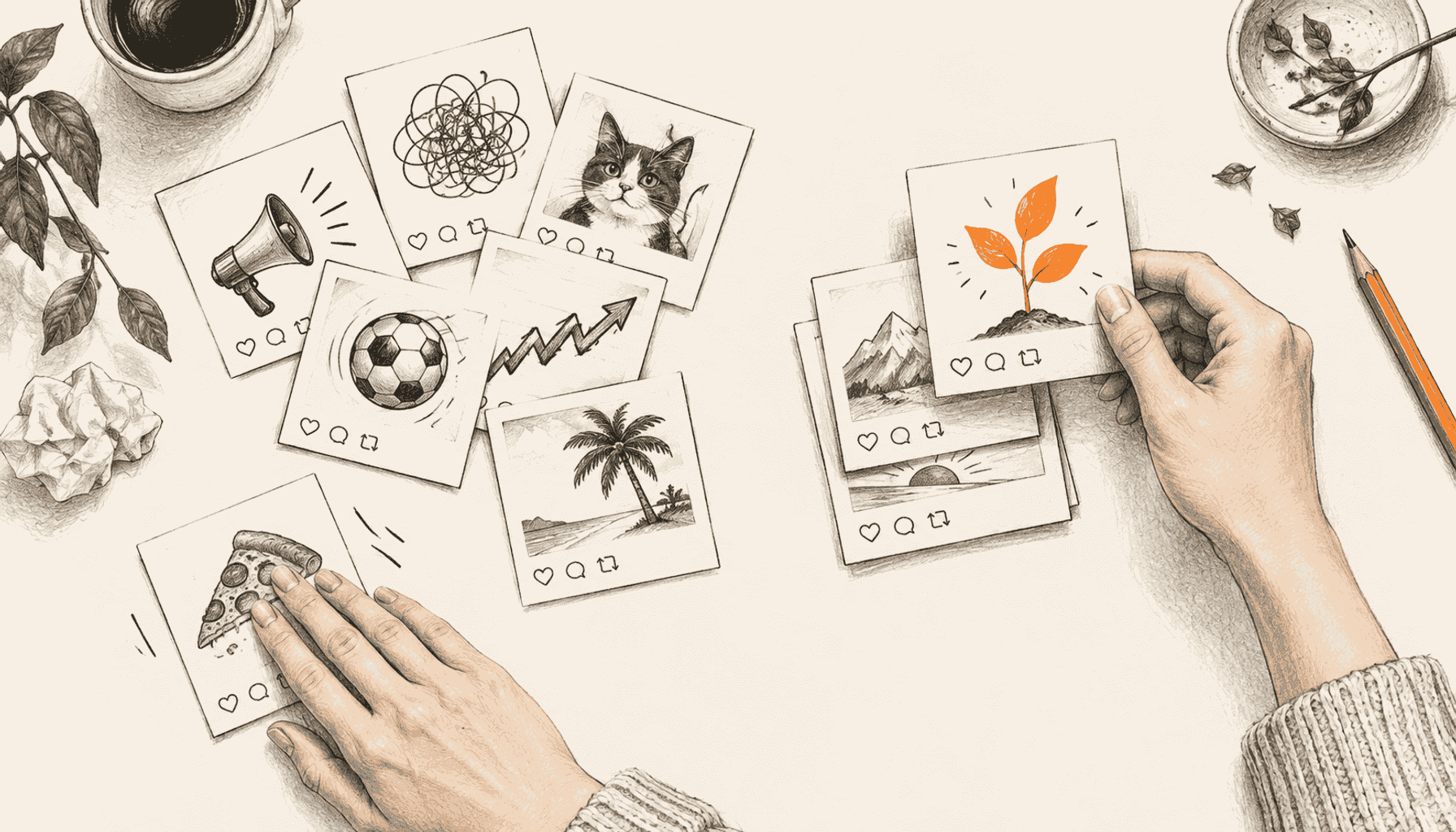 An overhead view of hands sorting scattered illustrated post cards, setting a card with an orange sprout onto a tidy stack and sliding another aside; charcoal pencil illustration on cream with orange highlights.