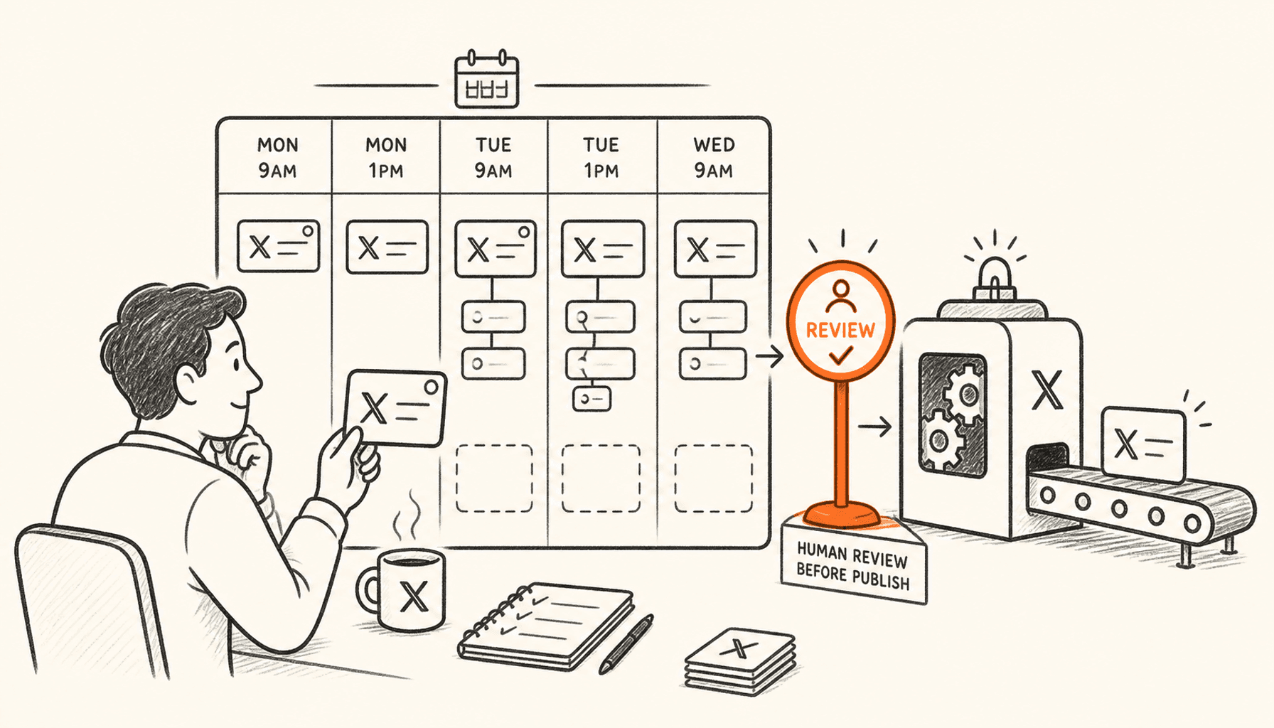 A founder reviews individual X post cards and linked thread chains on a weekly calendar before they pass through an orange human-review checkpoint, drawn in charcoal line art on cream with orange highlights.