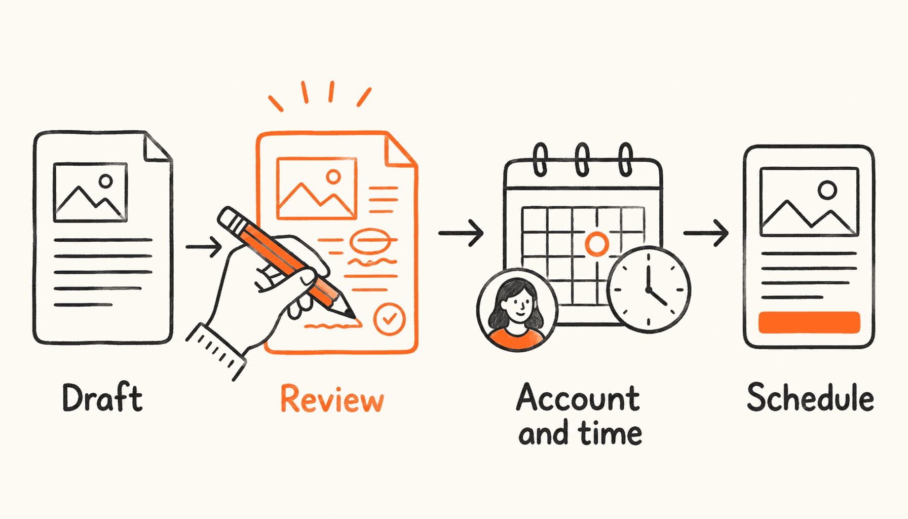 A draft passes through a review pencil and an account-and-time calendar before scheduling.