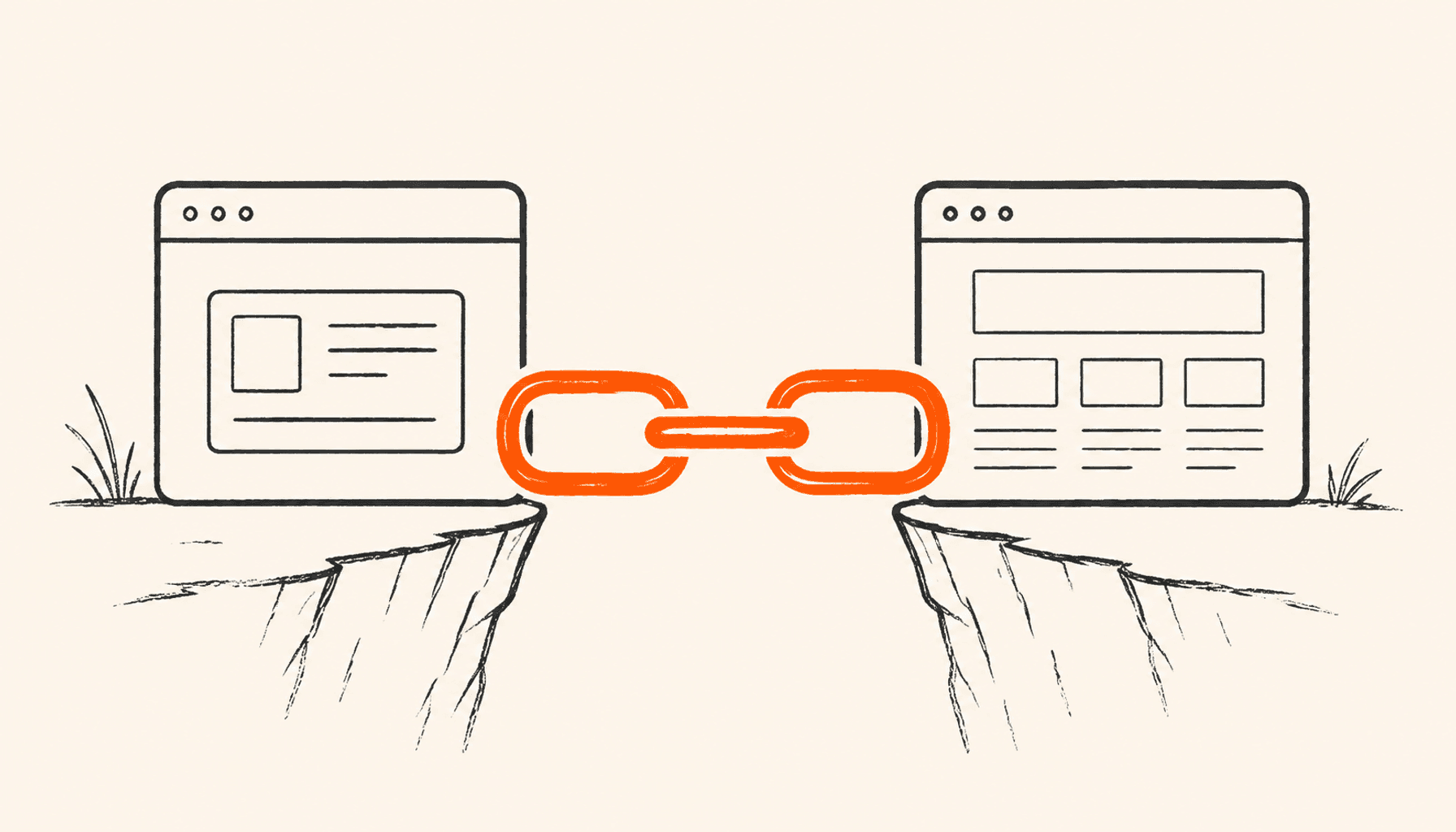 An orange chain connects two browser windows across a gap, in charcoal line art on cream.