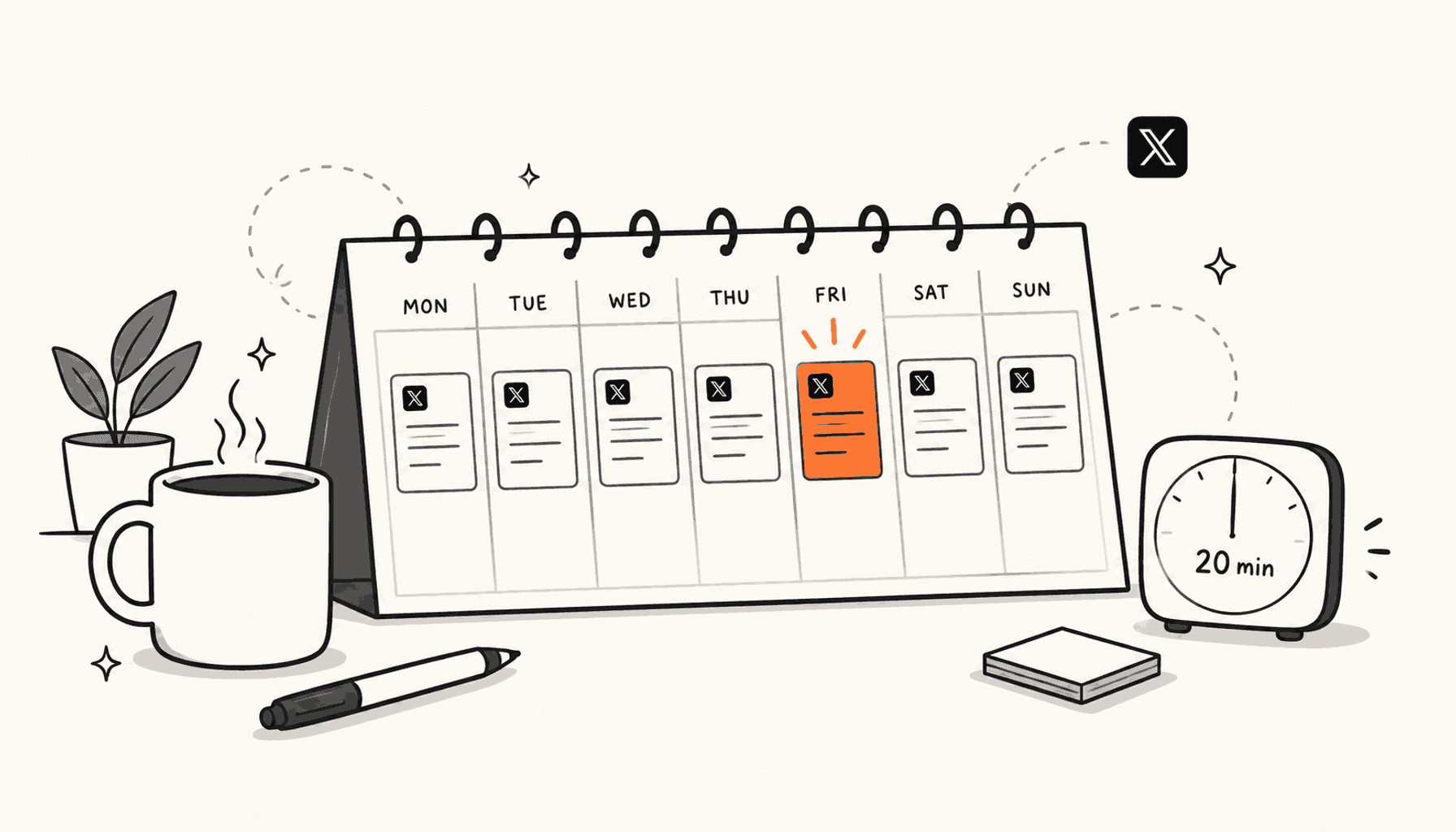 A weekly calendar with small post cards in most days and a coffee cup and timer showing 20 minutes, today’s card in orange; charcoal line art on cream.