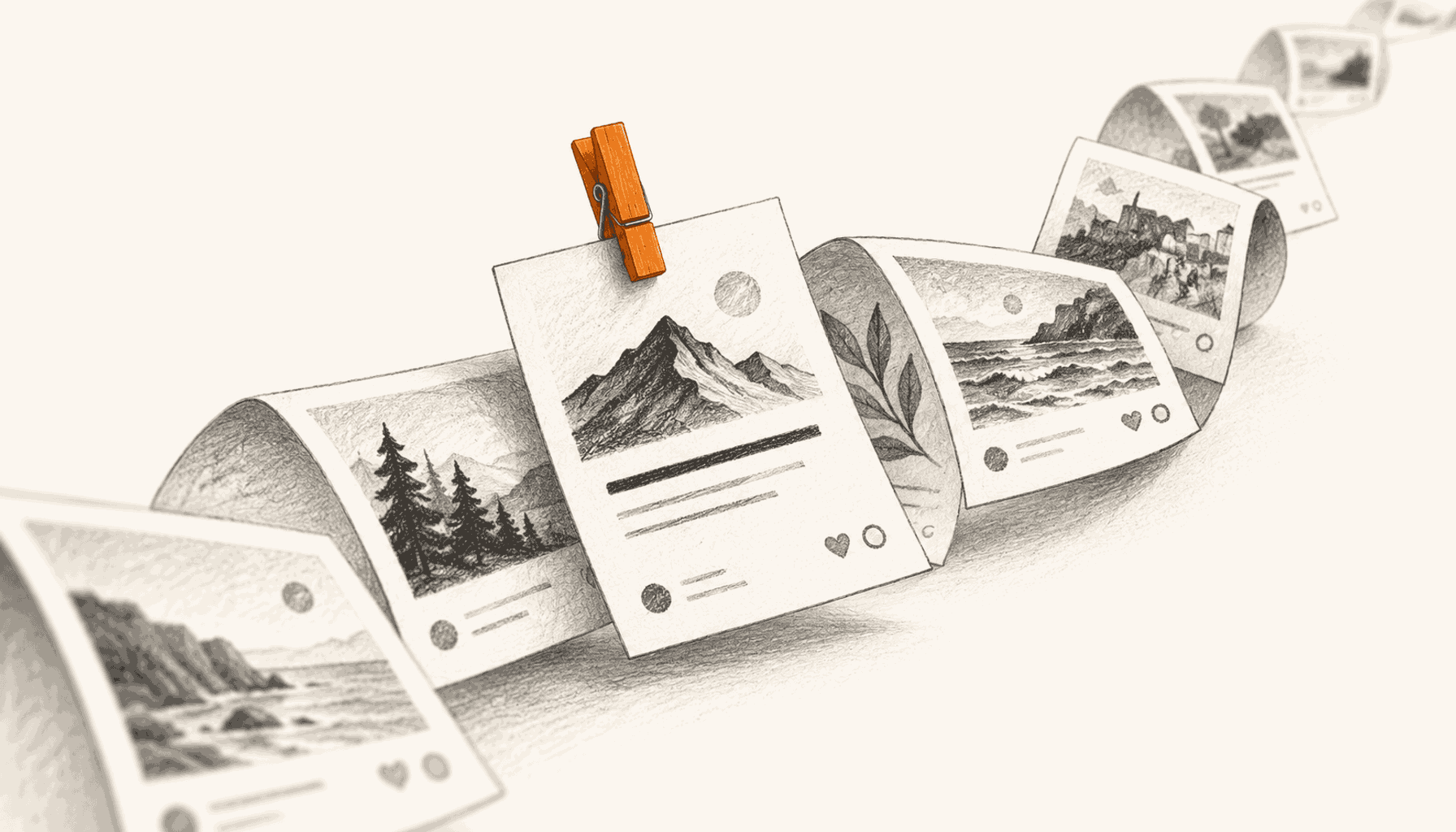 An orange clothespin lifts one post card above a curling ribbon of cards, emphasizing its first line. Charcoal pencil illustration on cream with orange highlights.