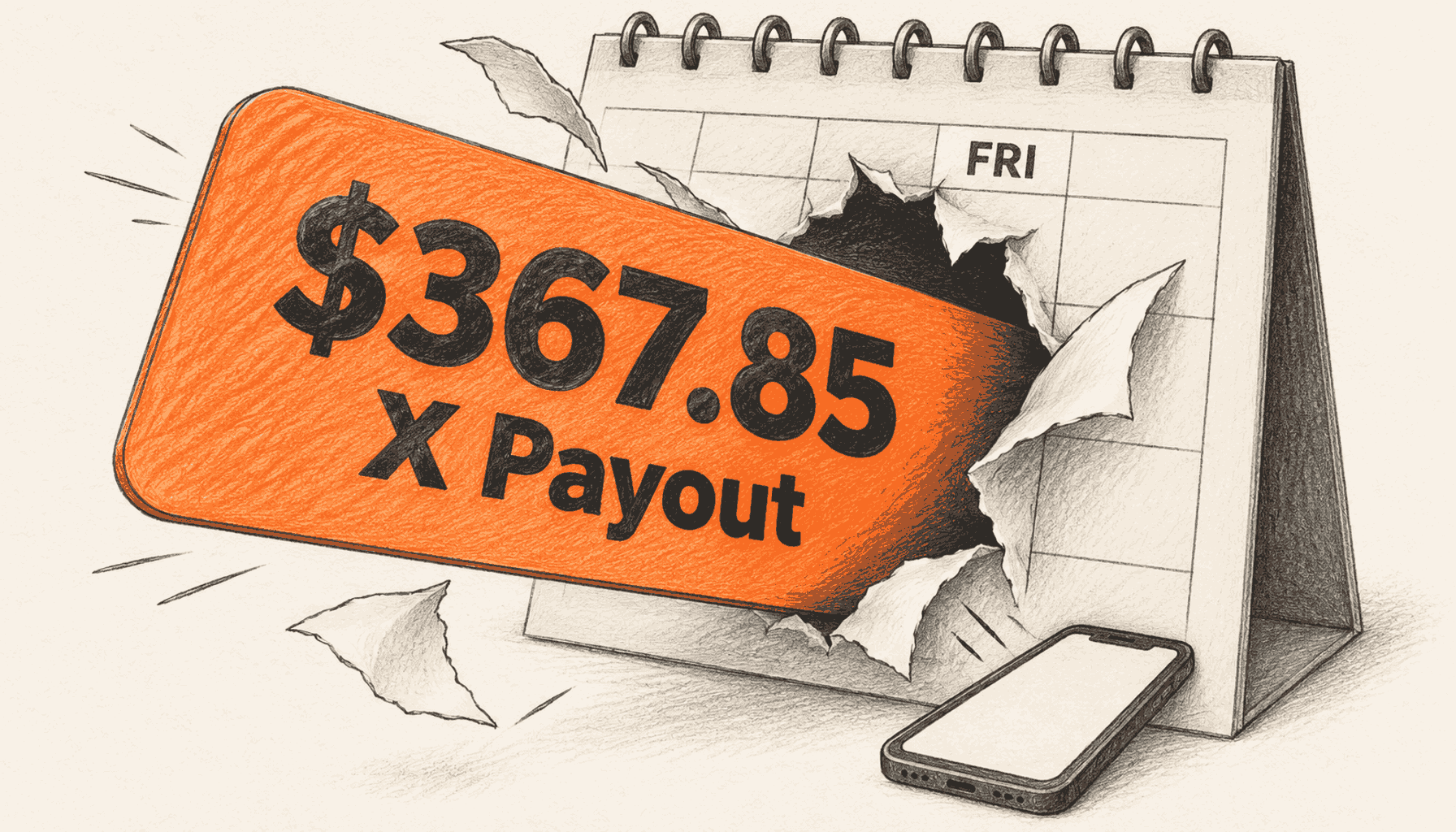 An oversized orange notification displaying an illustrative $367.85 X payout bursts through the Friday page of a paper calendar, with curling torn paper and a small phone below; charcoal pencil illustration on warm cream with an orange accent.