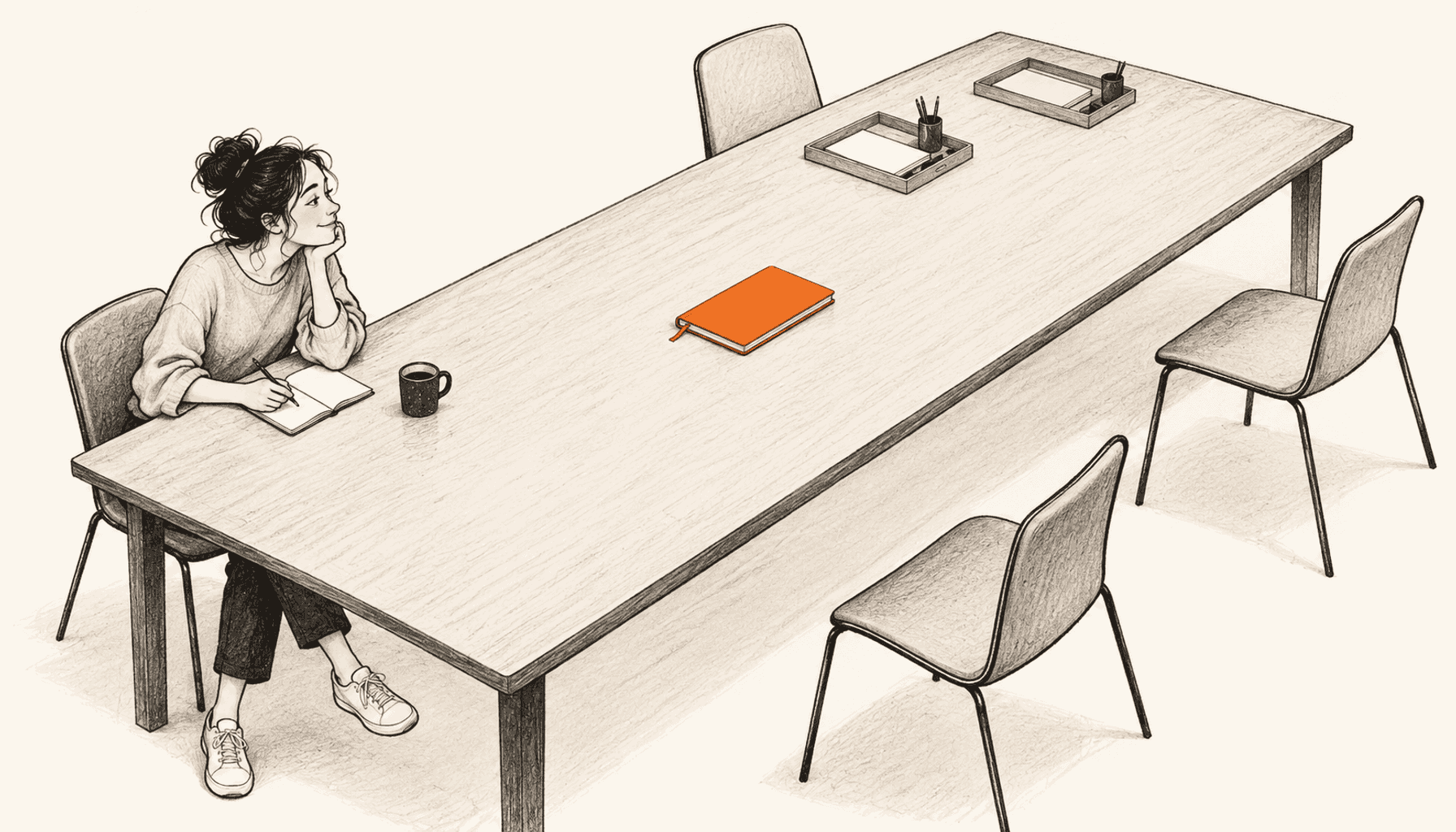 A lone creator with a small notebook sits at one end of a large shared worktable with several empty chairs. Charcoal pencil illustration on cream with orange highlights.