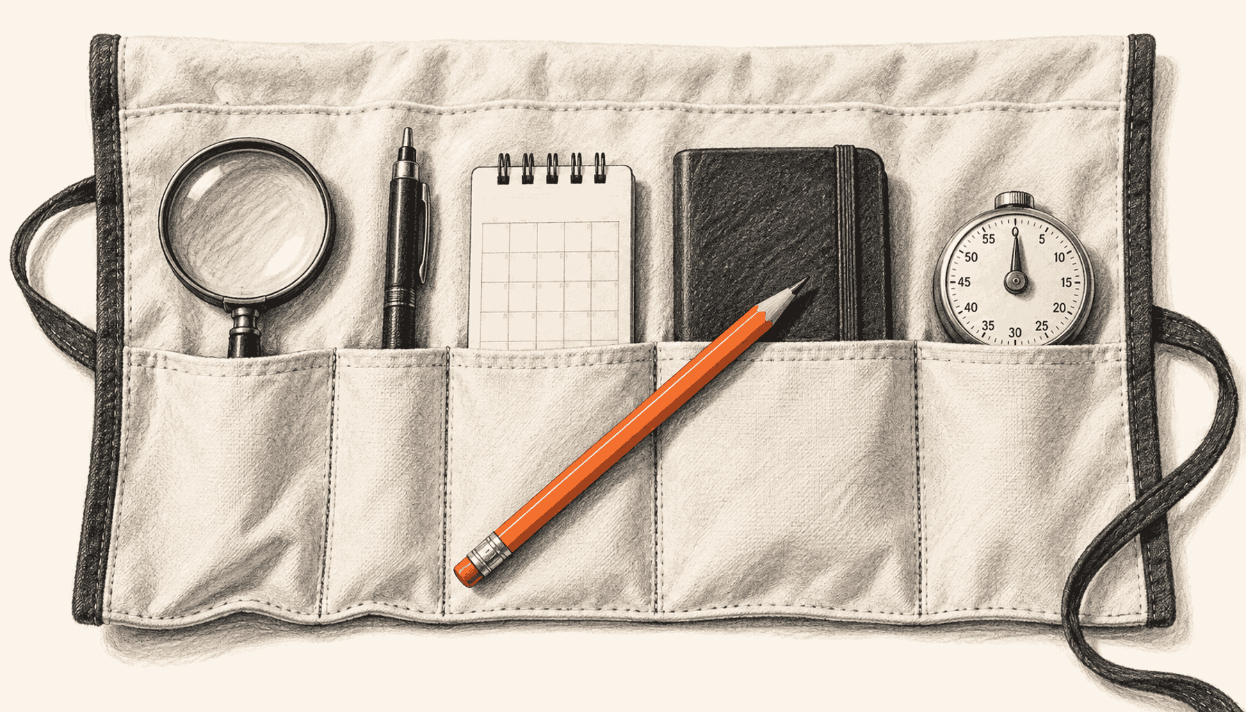 An open canvas tool roll holds research and scheduling instruments, while one orange pencil lies outside its pocket. Charcoal pencil illustration on cream with orange highlights.