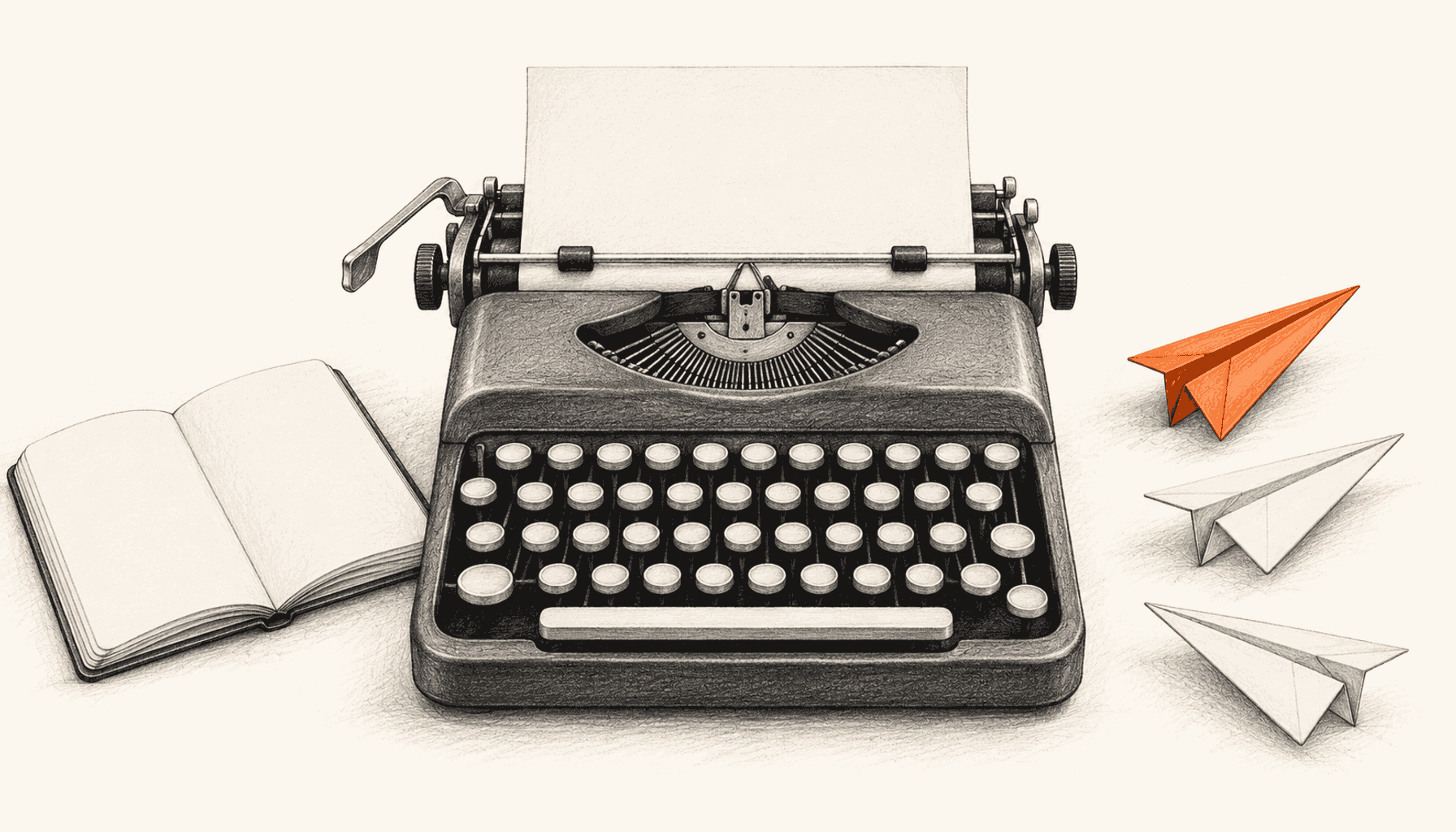 A simple typewriter holds a blank sheet beside an idea notebook and three paper airplanes, one orange. Charcoal pencil illustration on cream with orange highlights.