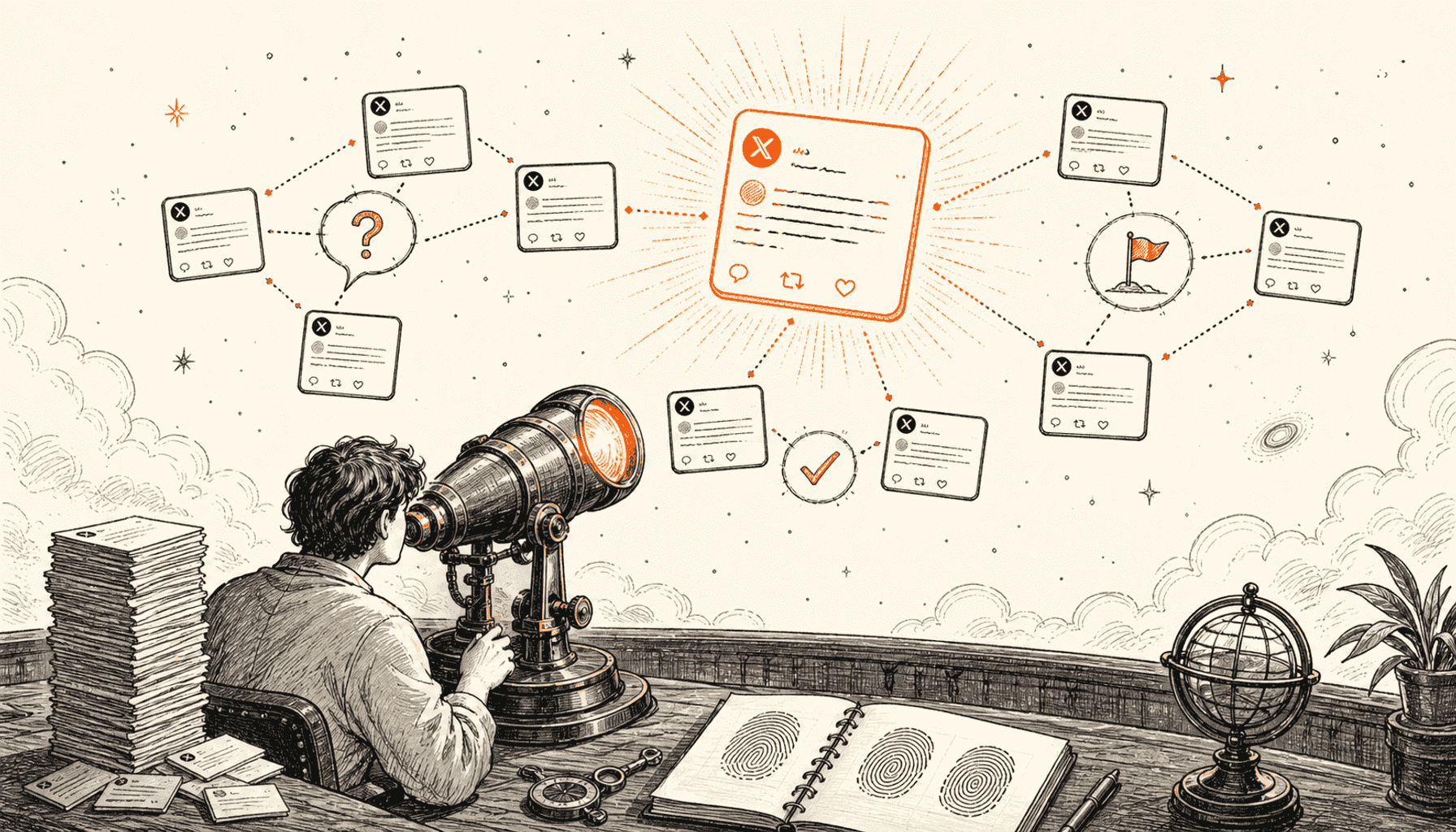 A creator uses a data-observatory telescope to study a constellation of ten winning X posts, with one orange breakout post and recurring question, proof, and milestone patterns, drawn in charcoal line art on cream.