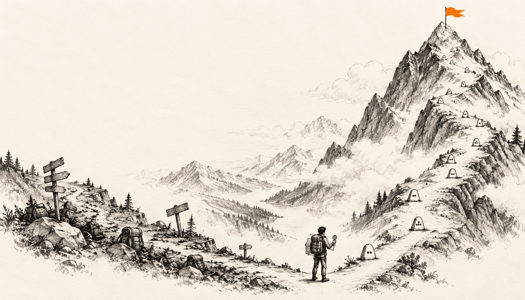 A climber studies two paths, one cluttered with abandoned backpacks and one climbing toward an orange summit flag; charcoal line art on cream.