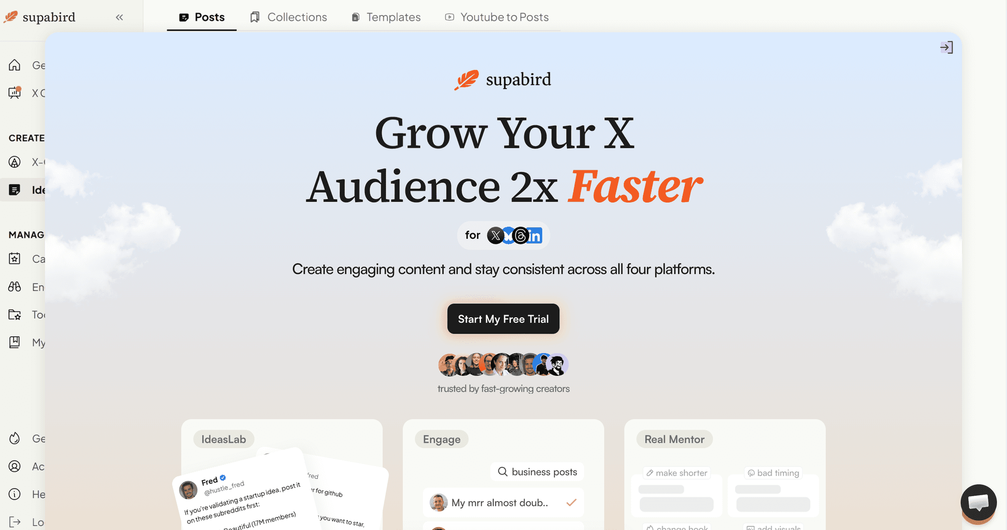 SupaBird homepage inside the app: Grow Your X Audience 2x Faster, for X, Bluesky, Threads and LinkedIn, with IdeasLab, Engage and Real Mentor cards below.