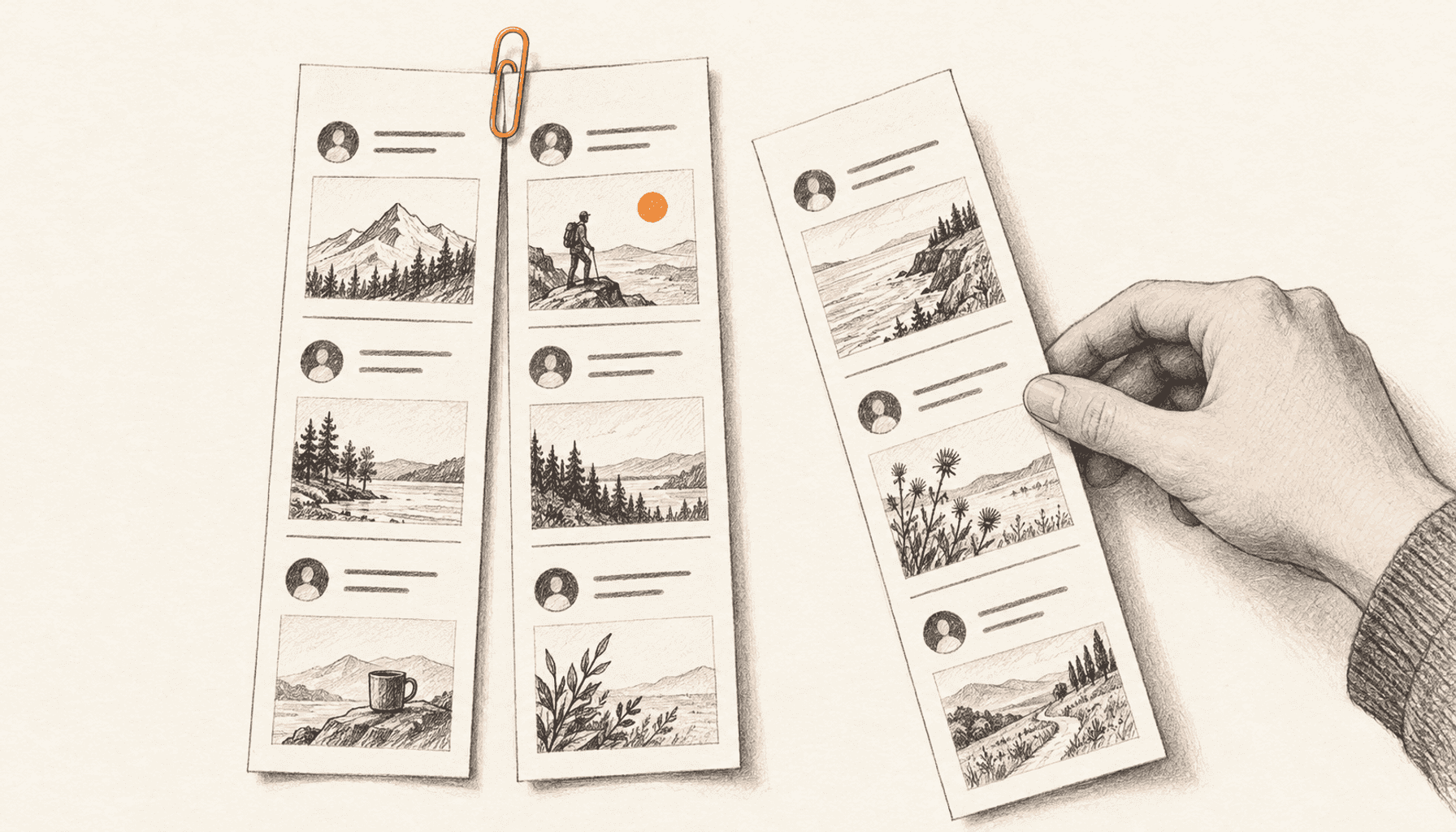 An overhead view of three paper social-feed columns, two joined by an orange paperclip while a hand repositions the third diagonally; charcoal pencil illustration on cream with orange highlights.