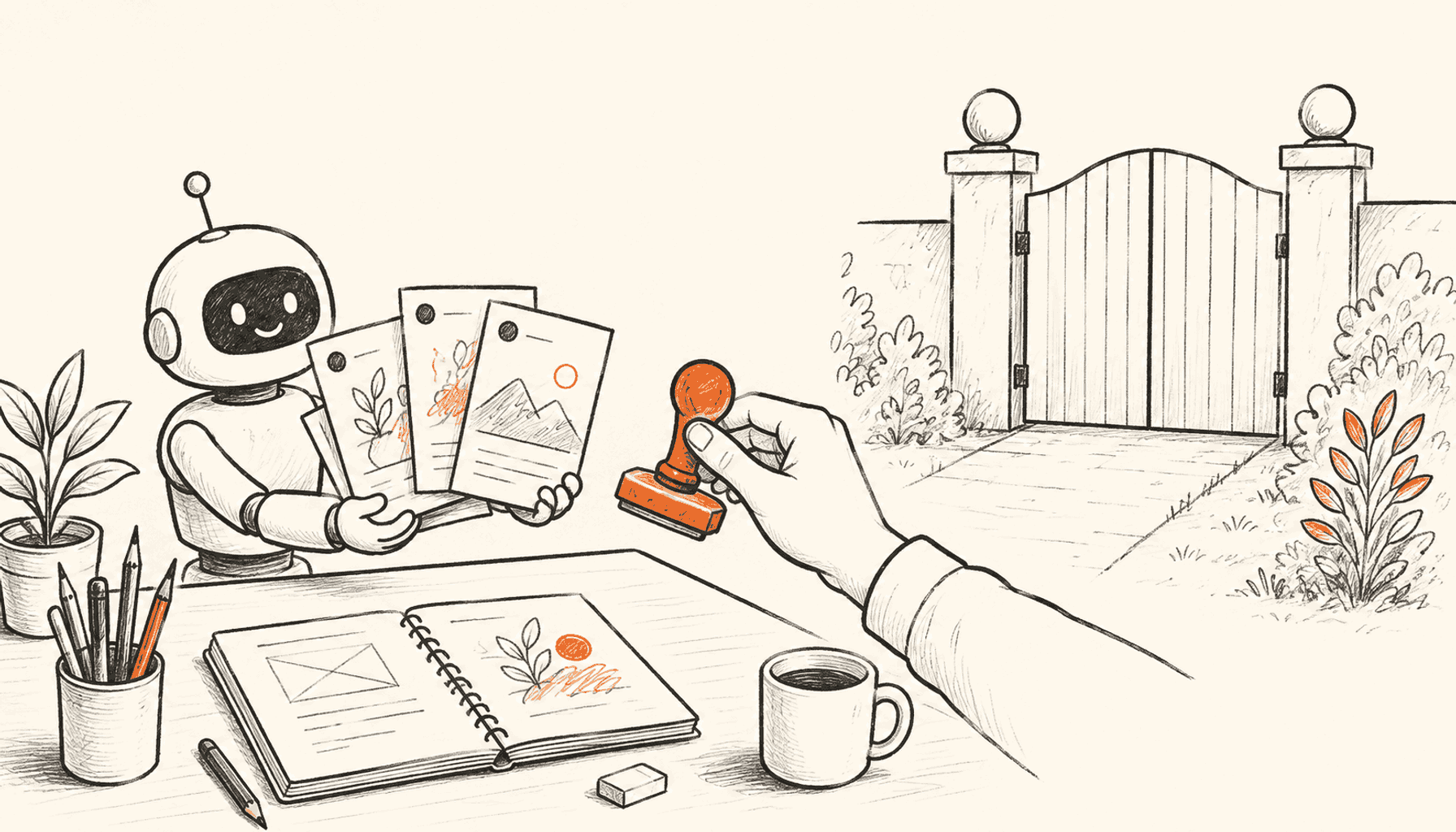 A small robot offers draft cards to a hand holding an orange approval stamp beside a closed gate, in charcoal line art on cream.