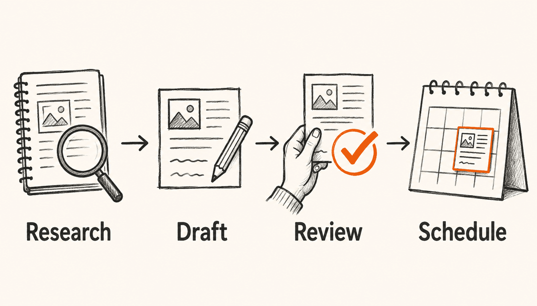 A notebook, draft post, human review with an orange check, and calendar labelled Research, Draft, Review, and Schedule.