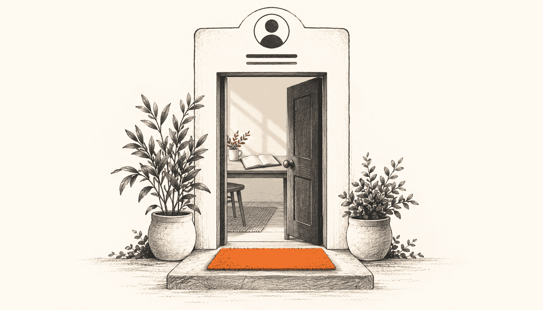 A profile-card-shaped doorway stands open above an orange welcome mat, revealing a small notebook. Charcoal pencil illustration on cream with orange highlights.
