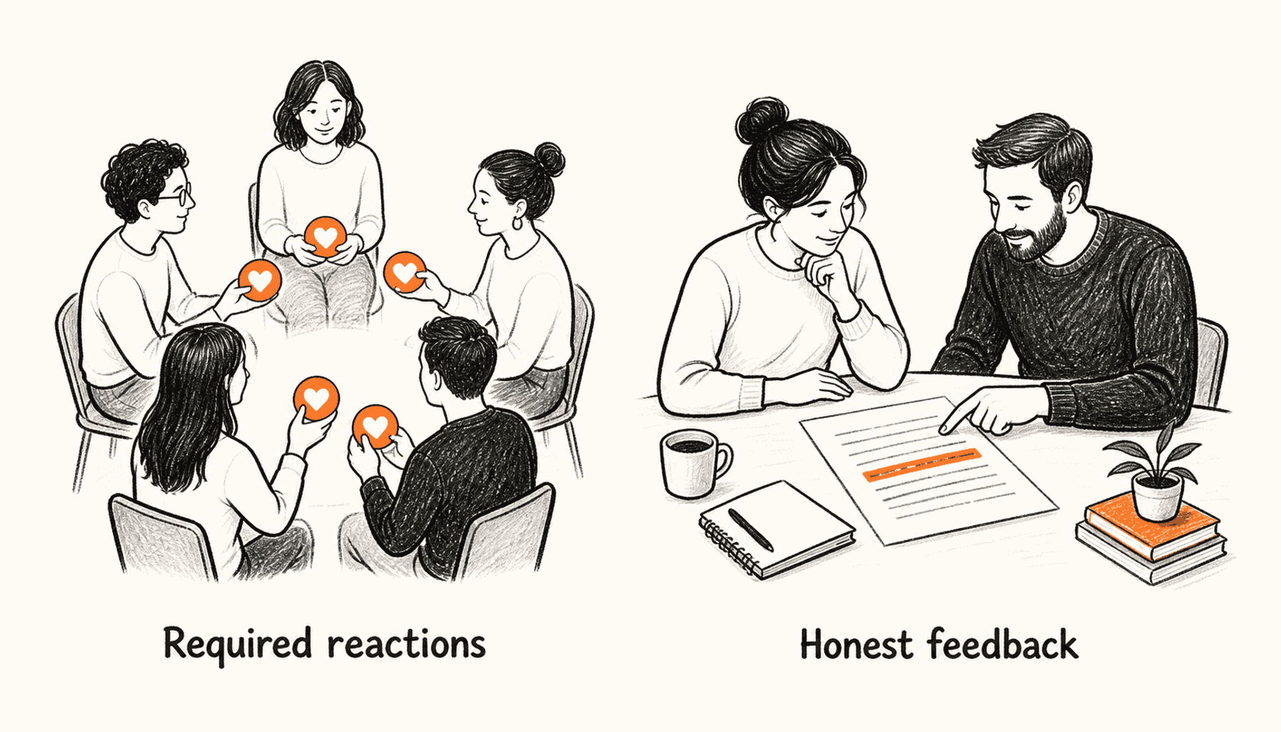 A group exchanging heart tokens and two people reviewing a draft, labelled Required reactions and Honest feedback.