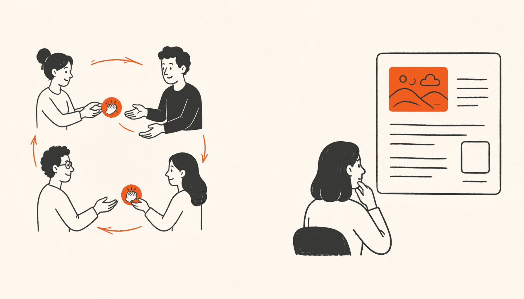 People exchanging applause tokens in a circle beside an independent reader, in charcoal line art on cream with orange highlights.