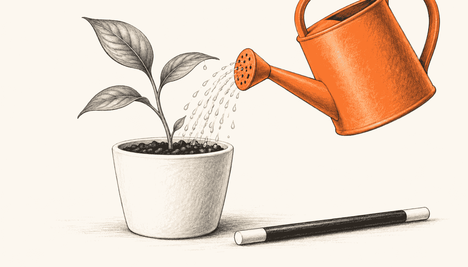 An orange watering can tends a small seedling while a magician’s wand lies unused beside the pot. Charcoal pencil illustration on cream with orange highlights.