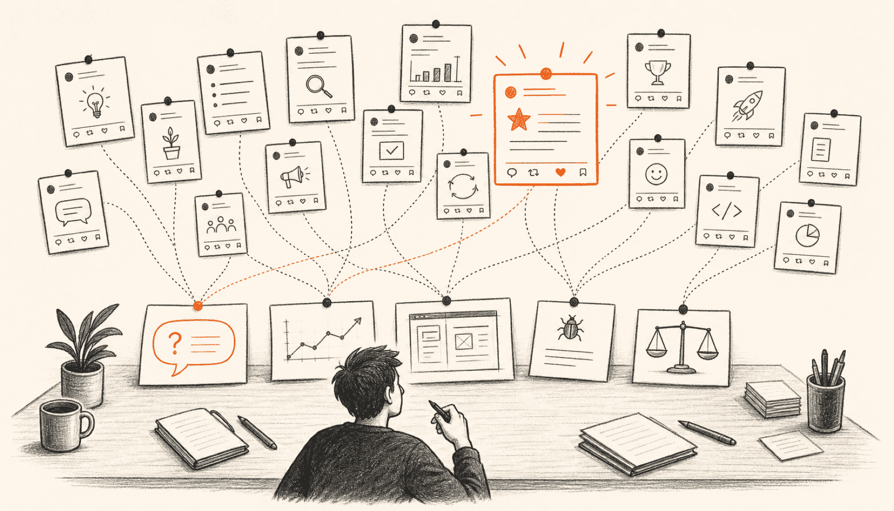A founder editorial desk turns product notes, customer questions, metrics, bugs, and decisions into a varied wall of useful X post cards, drawn in charcoal line art on cream with orange highlights.