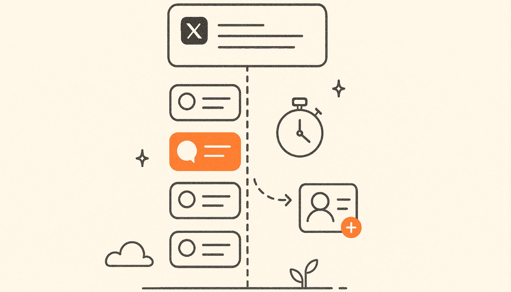 A large X post card with a thread of small reply cards hanging beneath it, one reply card in orange with a speech bubble and a stopwatch beside it, drawn in charcoal line art on cream.