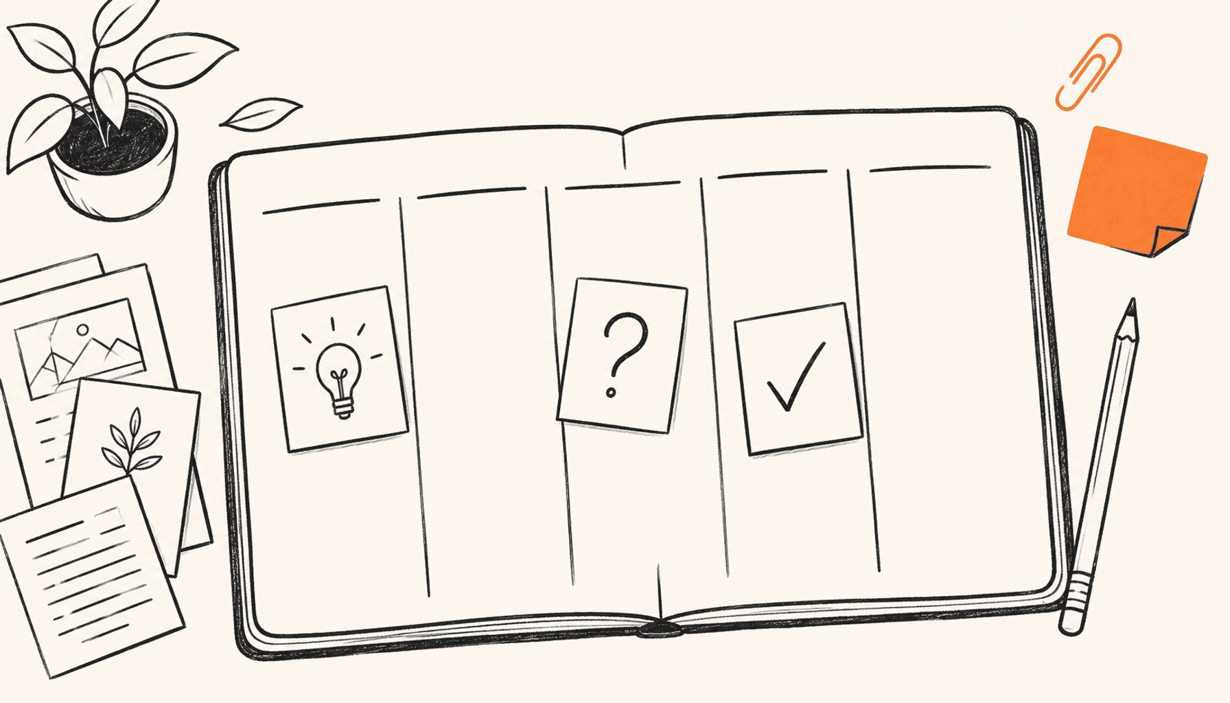 An open weekly planner with illustrated note cards, empty slots, and an orange paperclip, in charcoal line art on cream.