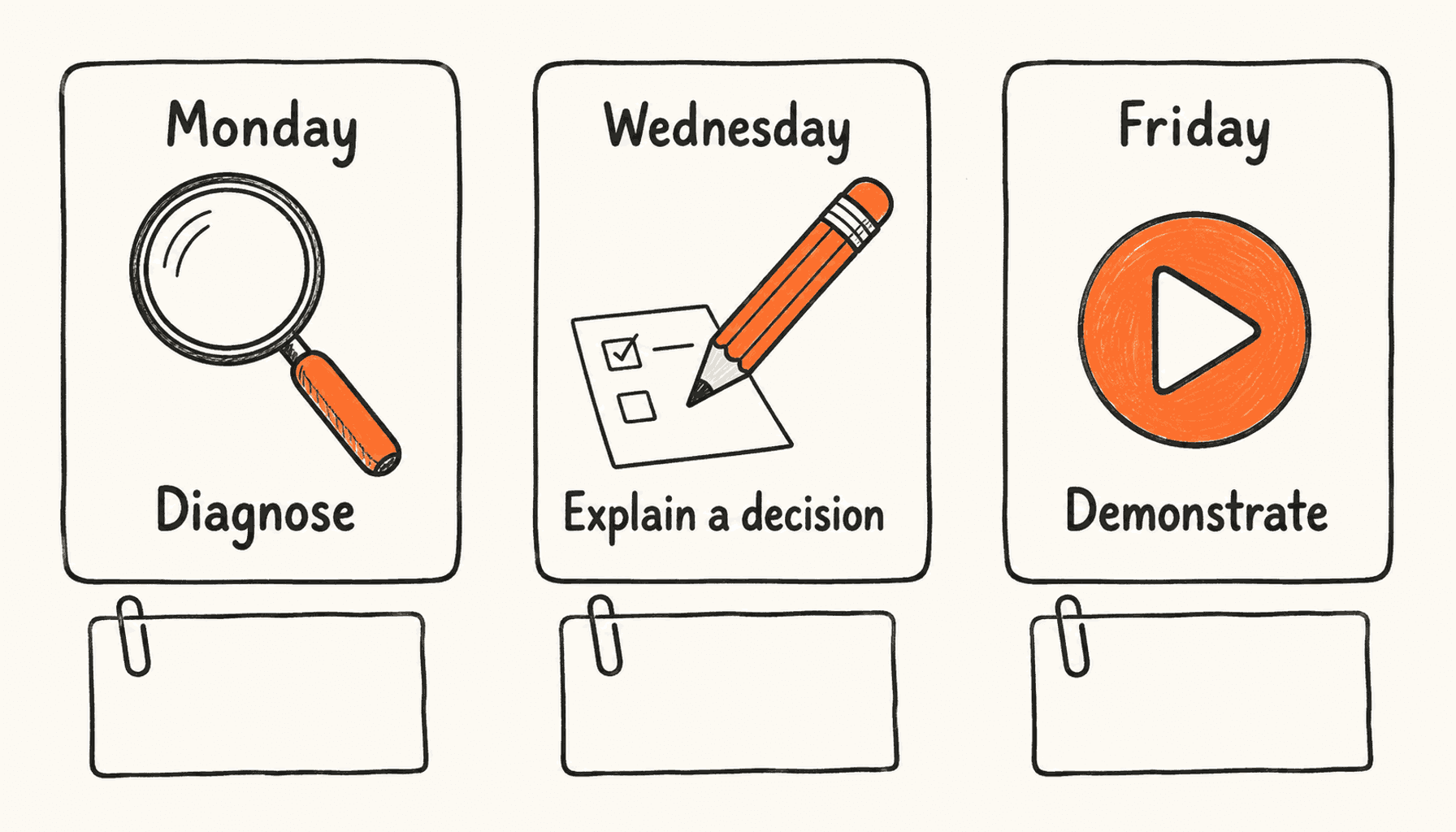 Three calendar cards labelled Monday Diagnose, Wednesday Explain a decision, and Friday Demonstrate, each with a source note.