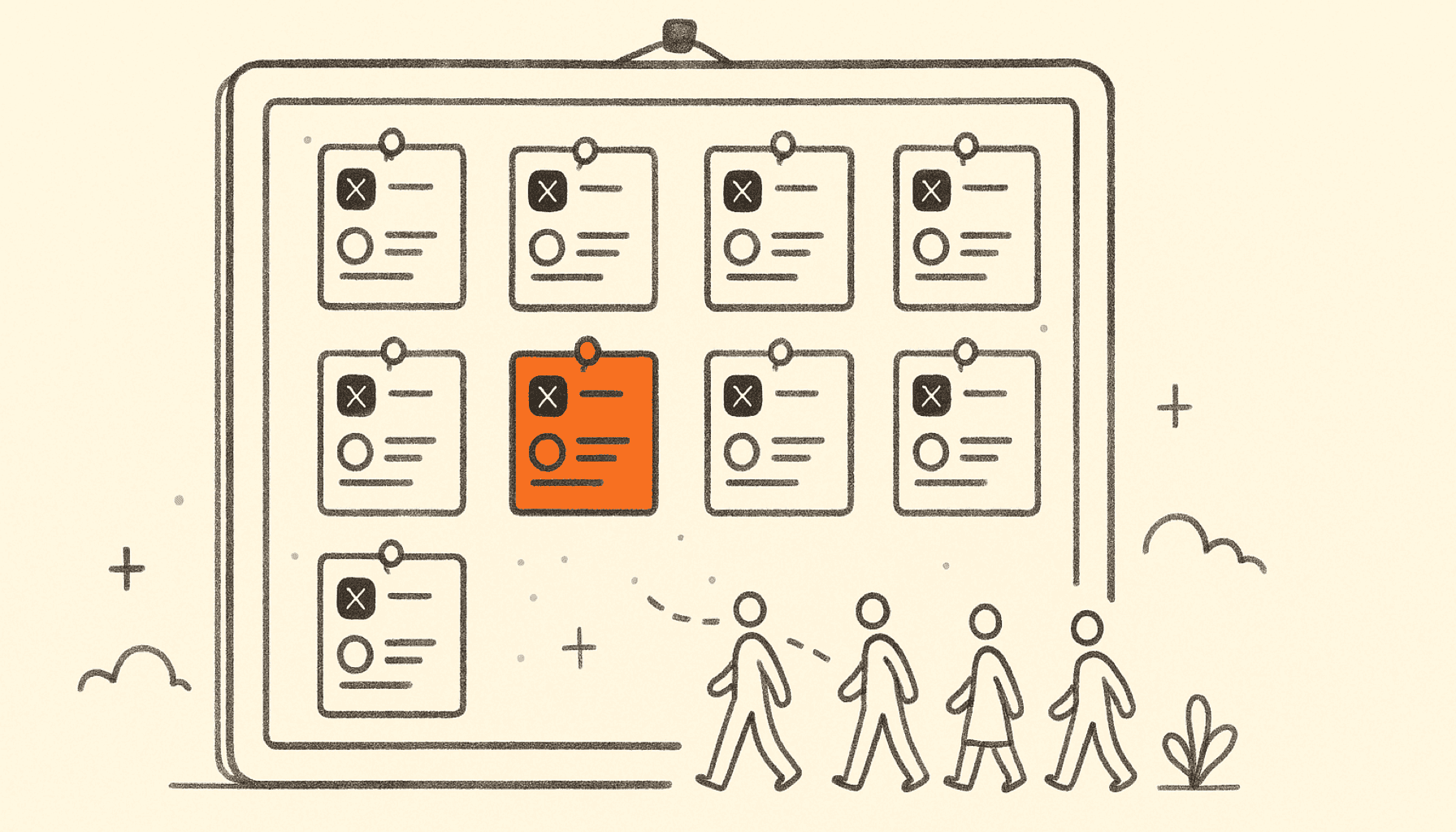 Nine sketched X post cards pinned to a corkboard like a menu, one card highlighted in orange with small follower icons walking toward it, drawn in charcoal line art on cream.
