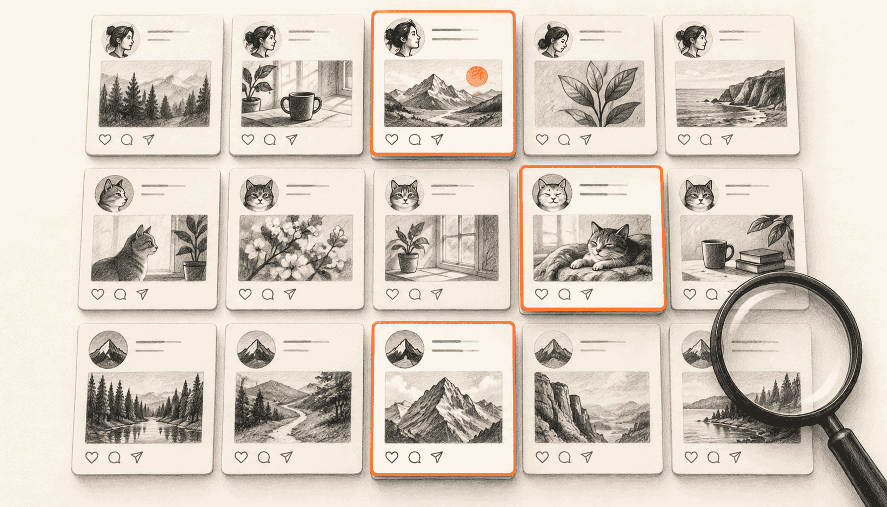 A specimen board groups post cards into three rows, with one orange-edged standout in each row and a magnifying glass. Charcoal pencil illustration on cream with orange highlights.