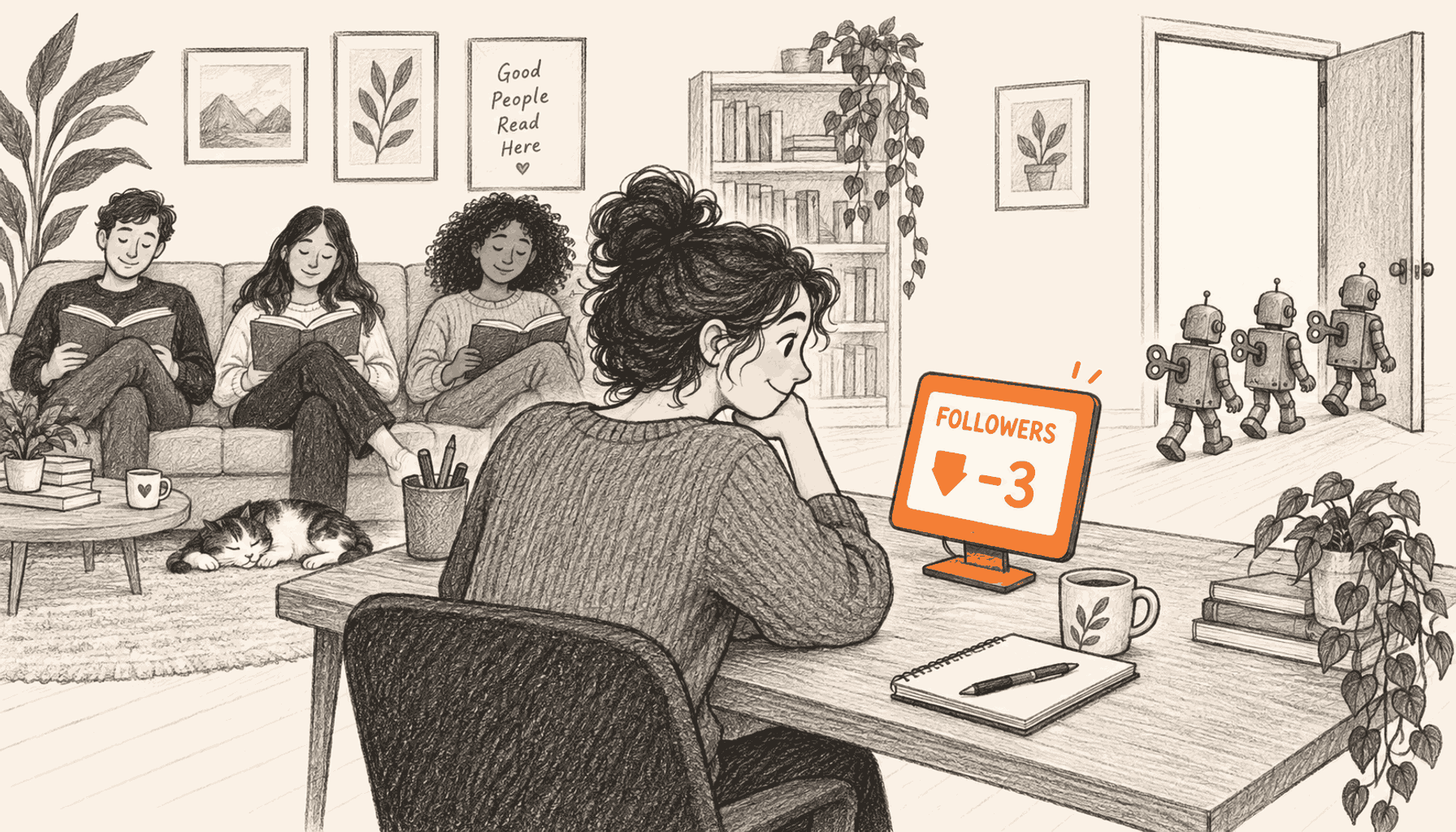 A person at a desk watches an orange follower counter drop by three as three small wind-up robots walk out through a side door, while three people remain seated and reading; charcoal pencil illustration on cream with orange highlights.