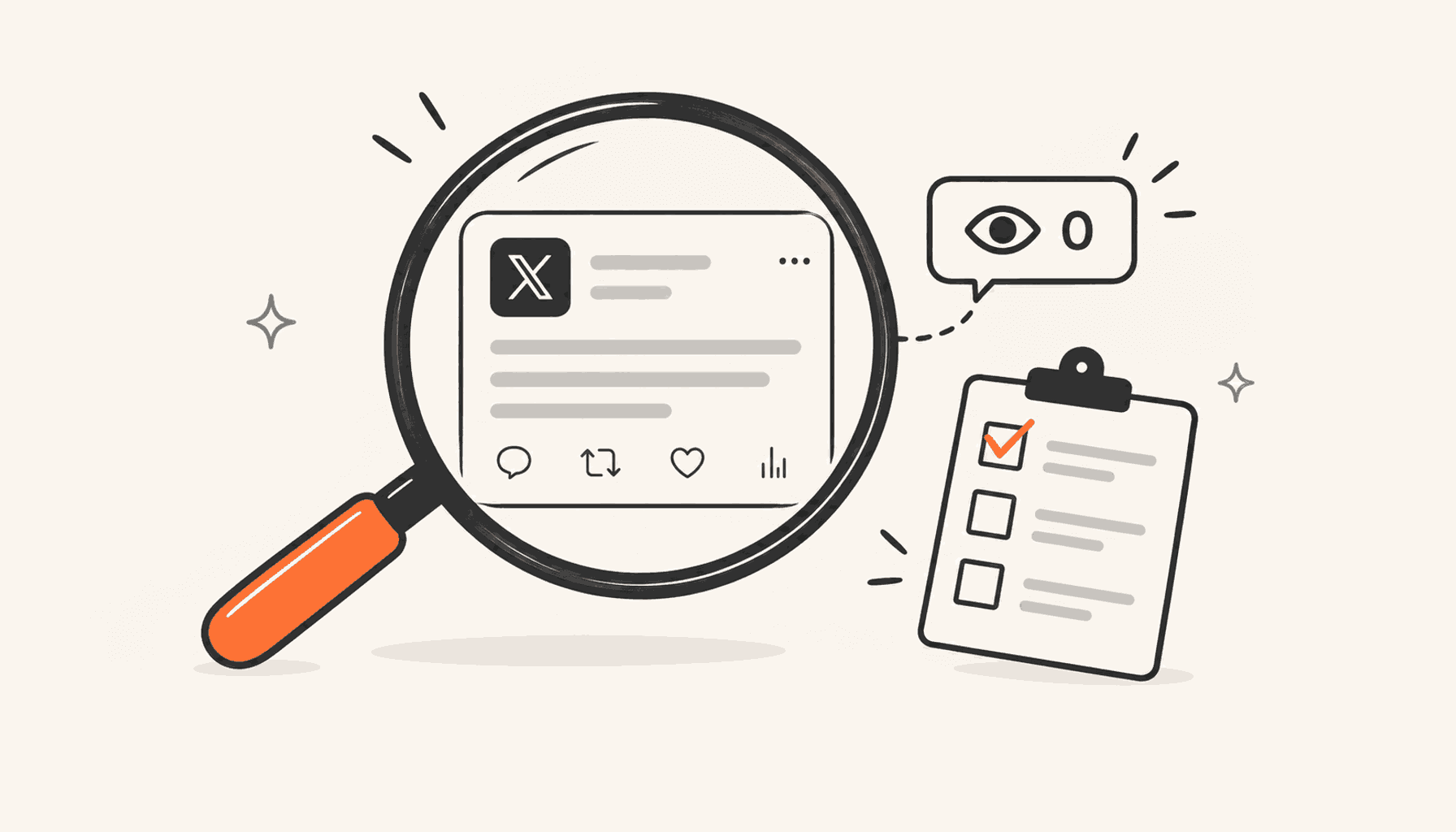 A lone X post card under a magnifying glass with an orange handle, an eye icon showing zero, and a checklist with one orange tick beside it; charcoal line art on cream.