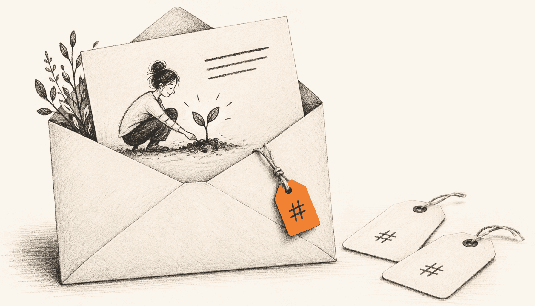 A small orange hashtag tag hangs from an envelope containing an illustrated story card, with unused tags beside it. Charcoal pencil illustration on cream with orange highlights.