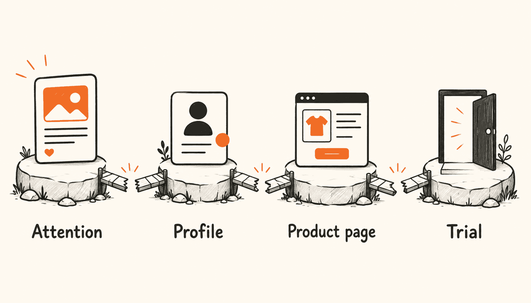 A post, profile, product page, and trial doorway connected by stepping stones, labelled Attention, Profile, Product page, and Trial.