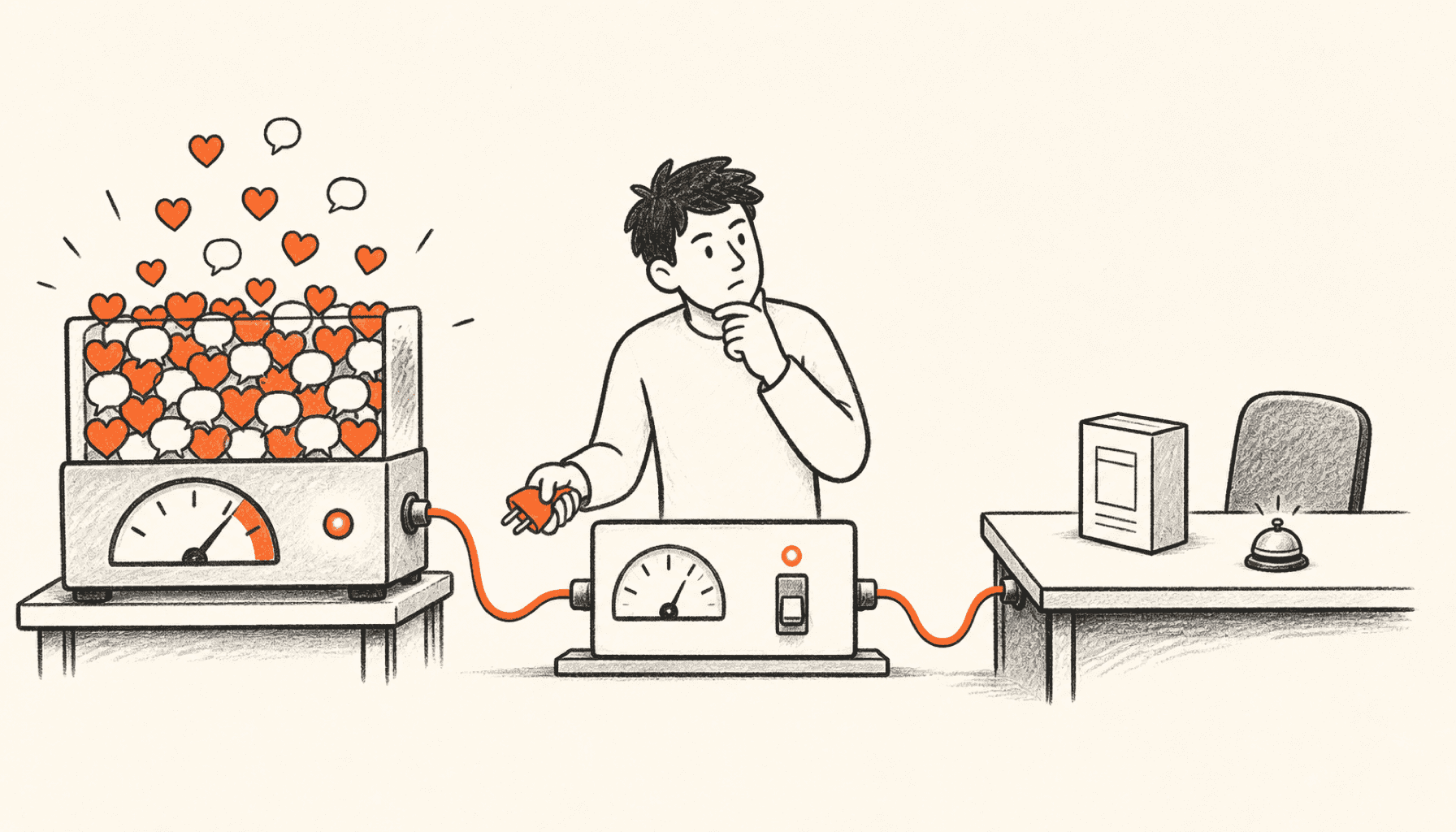 A founder reconnects an applause meter full of likes to a separate customer checkout desk using one clear orange cable, drawn in charcoal line art on cream with orange highlights.