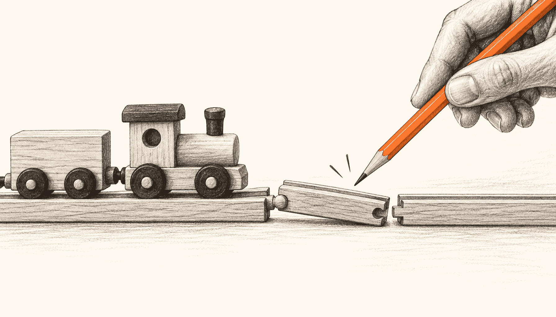 An orange pencil points to a misaligned track piece stopping a small wooden toy train. Charcoal pencil illustration on cream with orange highlights.