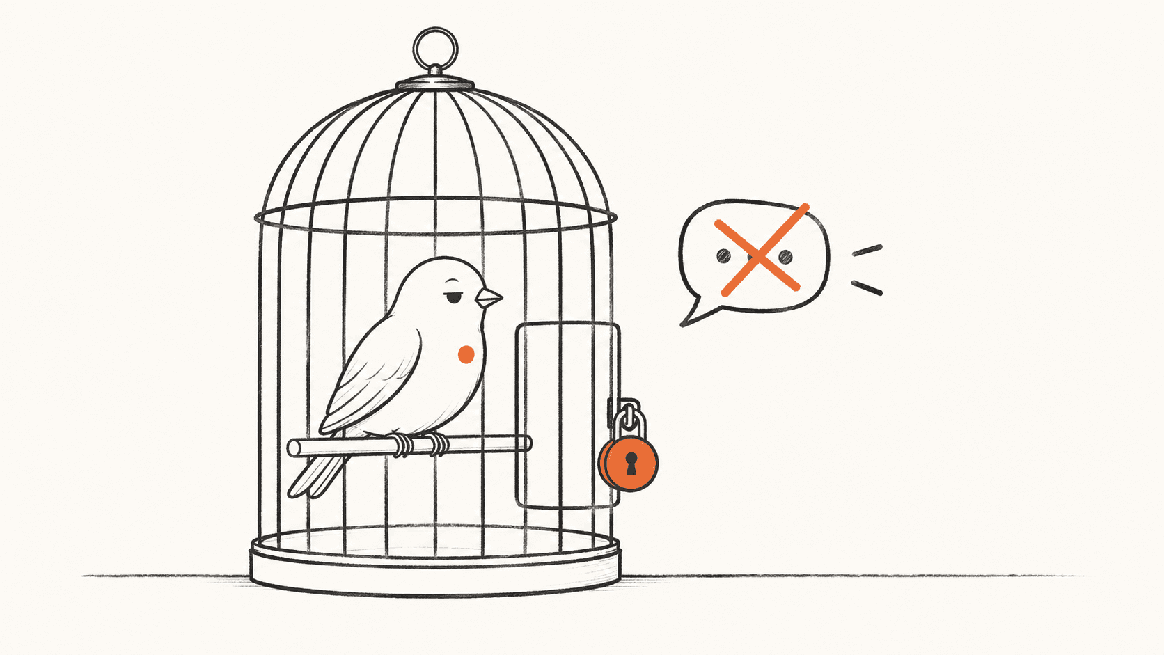 Illustration in charcoal lines on cream with orange highlights: a stylized X profile card stamped "Suspended" in red-orange, with three caution-sign chips below labeled spam, security, abuse (the three suspension categories). An arrow curves from the card to an envelope marked "Appeal" and a small restored check-mark badge below it.