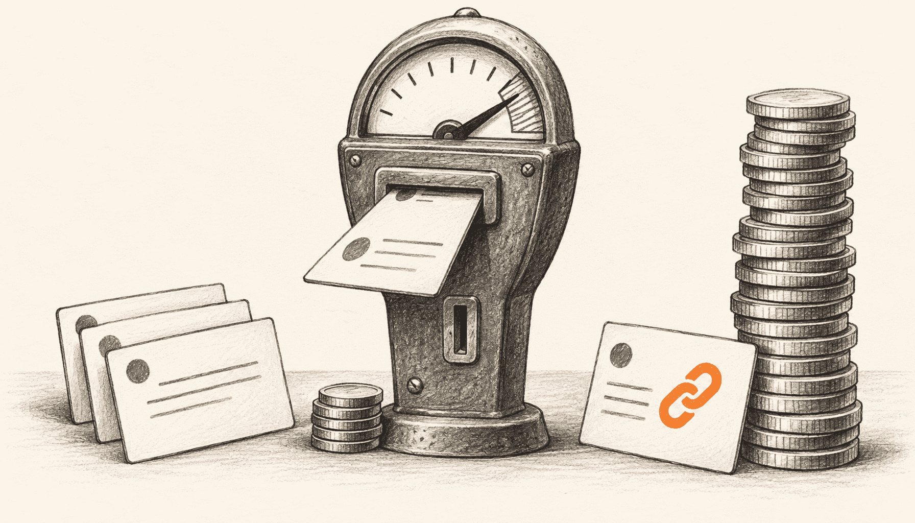 A coin-operated meter accepts a post card beside a short queue of posts and a small coin stack, while a card with an orange link symbol sits beside a much taller stack of coins; charcoal pencil illustration on warm cream with a single orange accent.