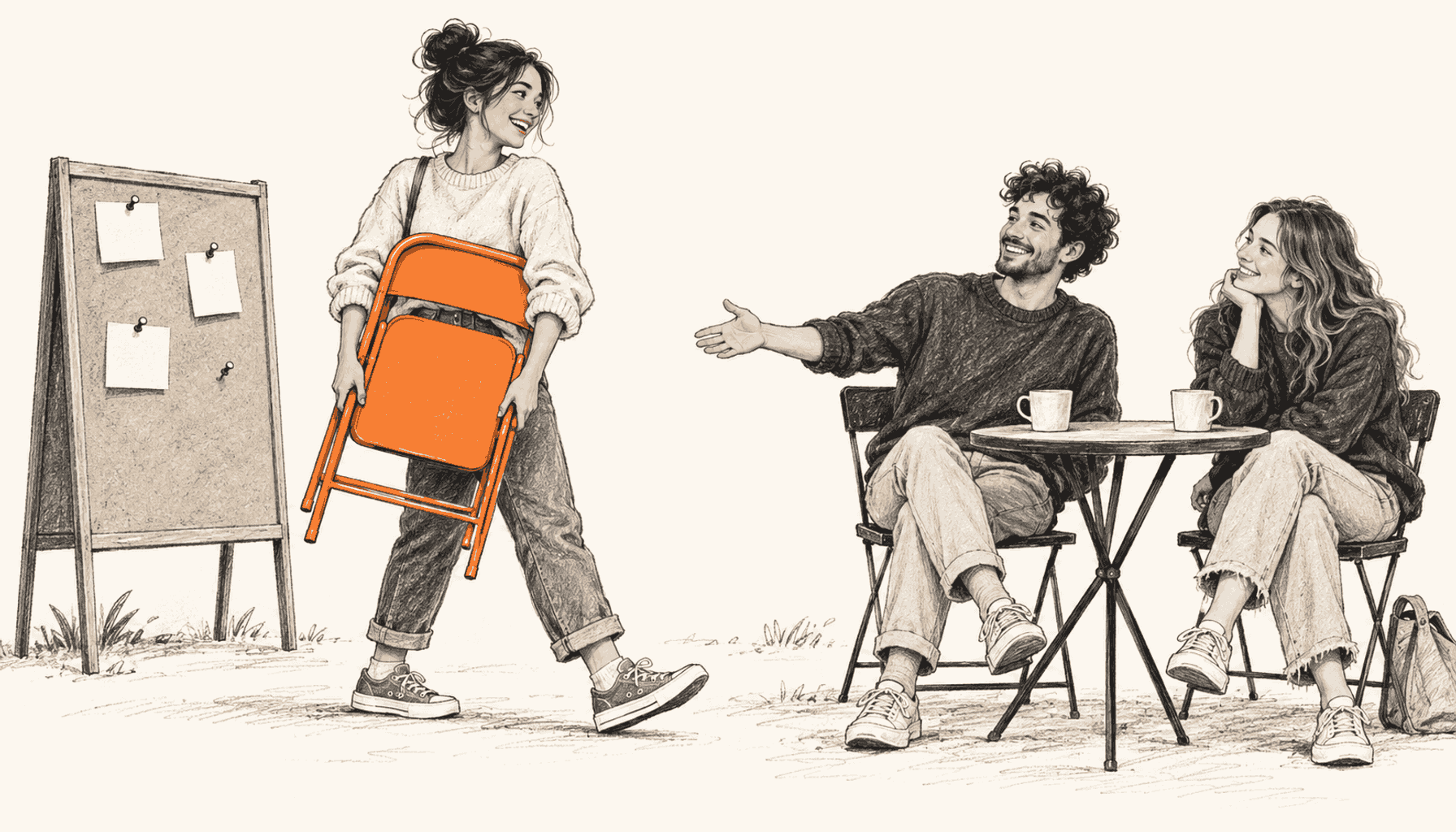 A smiling person carries an orange folding chair from a sparse community notice board toward two friends making room at a cafe table; charcoal pencil illustration on cream with orange highlights.