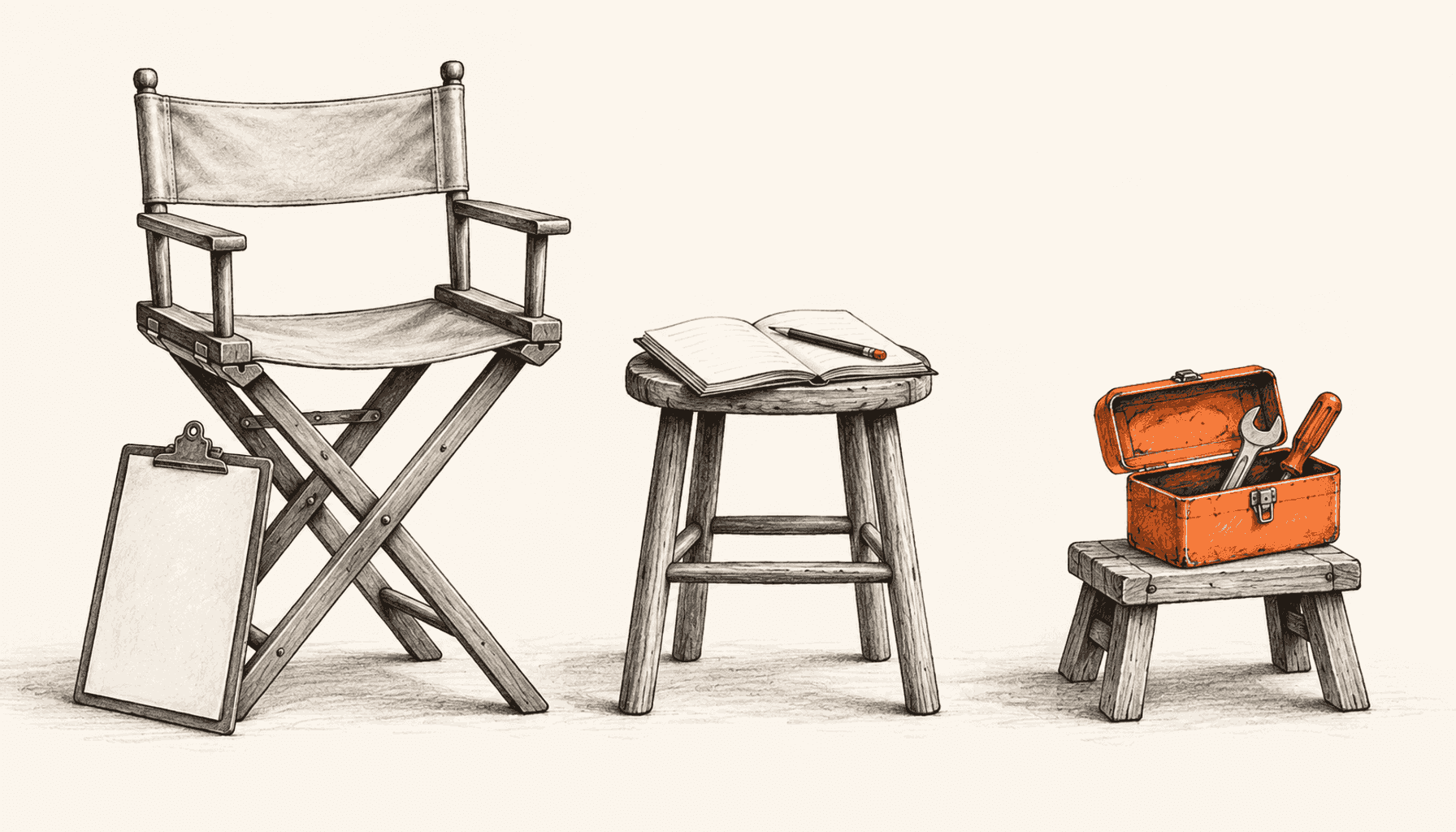 Three seats arranged across the frame: a director’s chair with a clipboard, a writing stool with a notebook, and a low stool holding an orange toolbox; charcoal pencil illustration on cream with orange highlights.