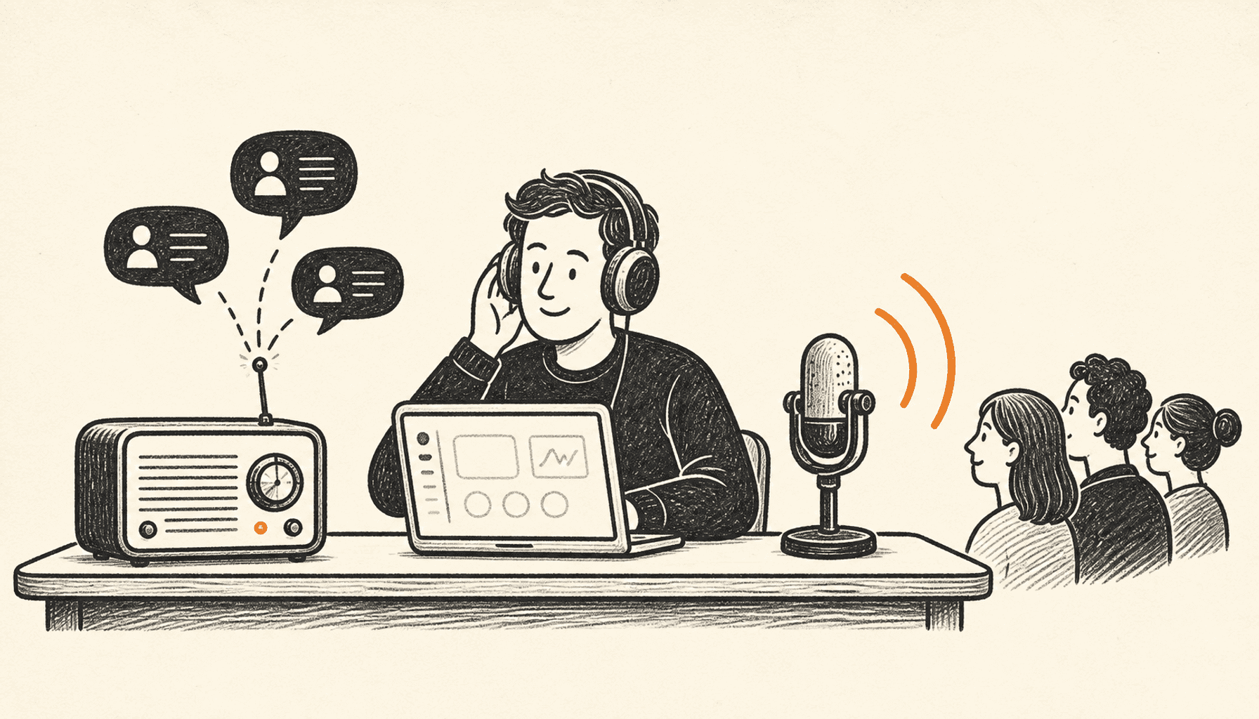 A SaaS founder at a two-way radio studio listens to customer conversations while broadcasting useful product insights, drawn in charcoal line art on cream with orange signal waves.