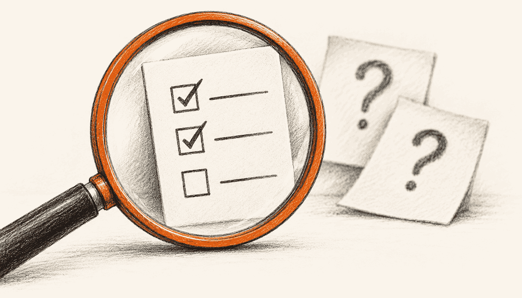 An orange-rimmed magnifying glass frames a checklist, while two question-mark notes sit behind it; charcoal pencil illustration on cream with orange highlights.
