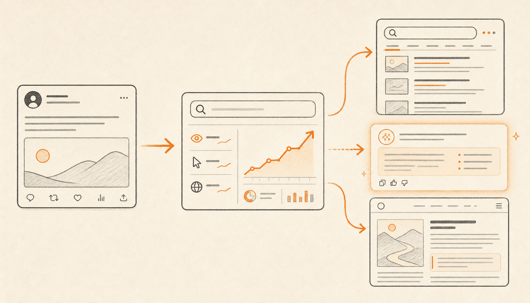 An X-style post flows into a search analytics dashboard, then branches into Google search results, an AI answer, and a durable website article, drawn in charcoal line art on cream with orange highlights.