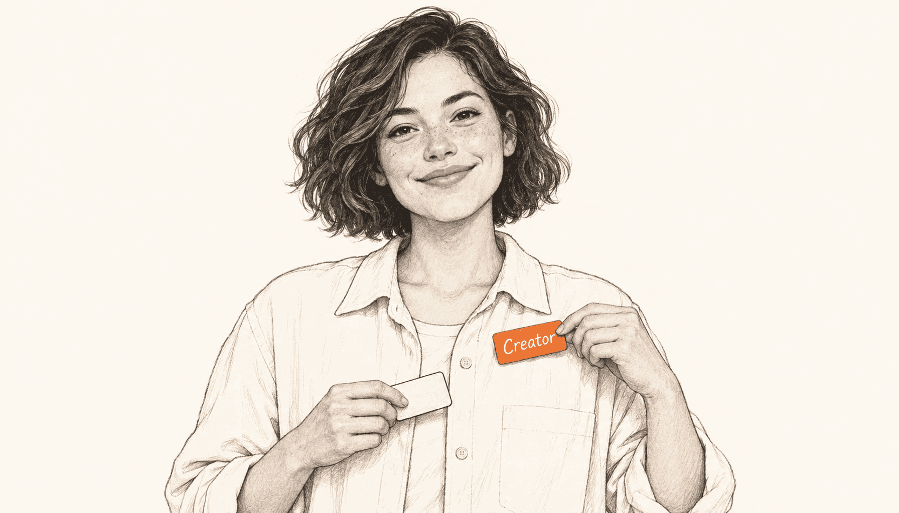 A centered portrait of a smiling woman attaching an orange Creator badge to her shirt while holding a blank badge in her other hand; charcoal pencil illustration on cream with orange highlights.