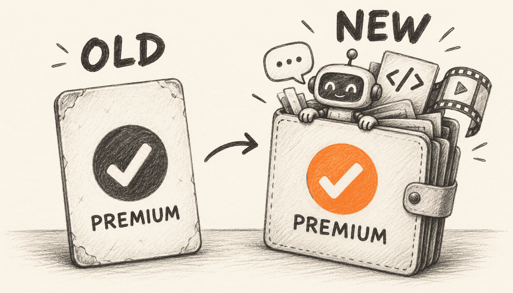 An old Premium card with a checkmark sits beside a new Premium wallet packed with a friendly robot, chat bubble, code tile and filmstrip under OLD and NEW labels; charcoal pencil illustration on warm cream with a single orange checkmark accent.