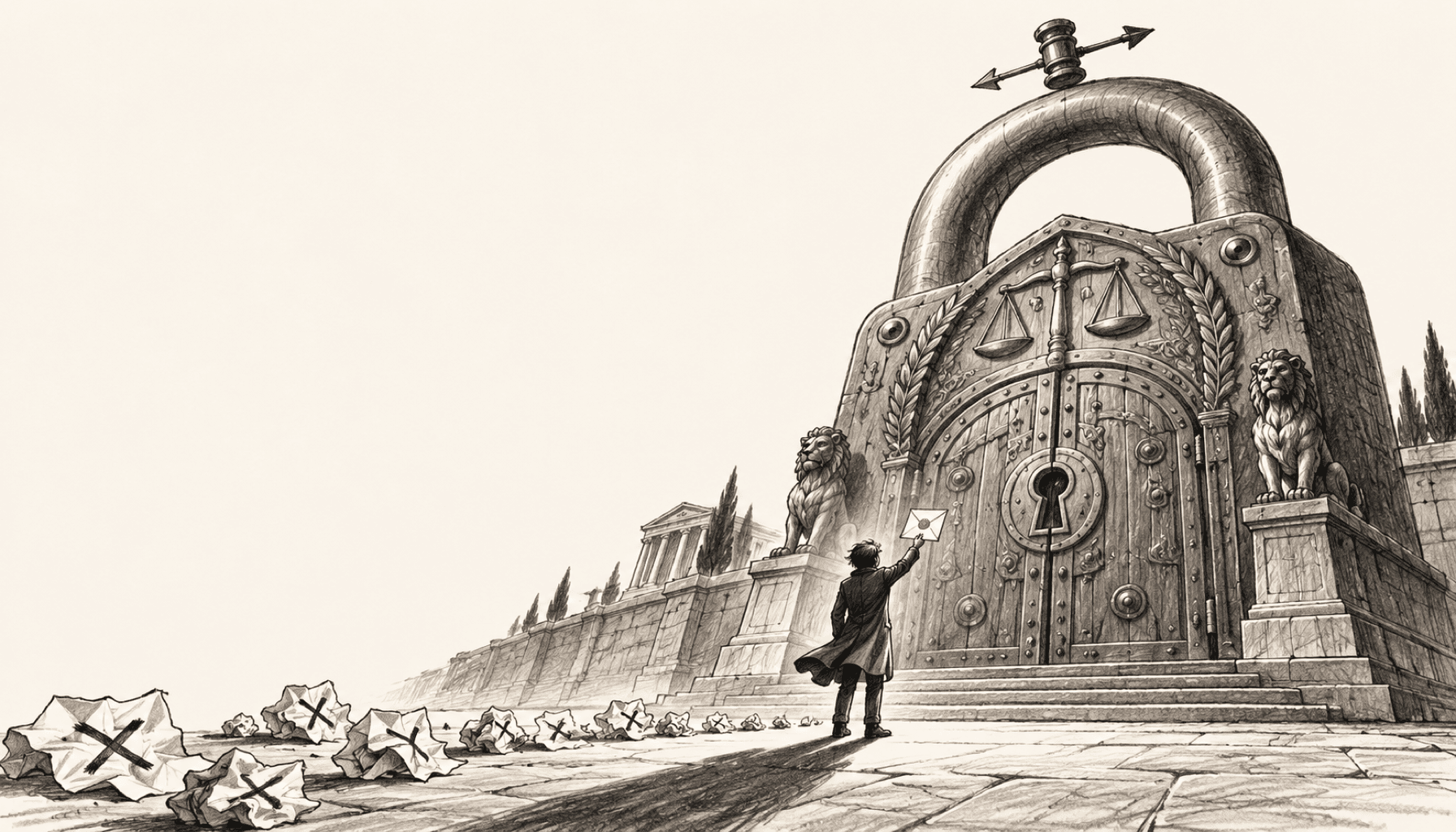 A person holds a letter with an orange wax seal before a giant padlock-shaped courtroom door, with discarded drafts behind them; charcoal line art on cream.