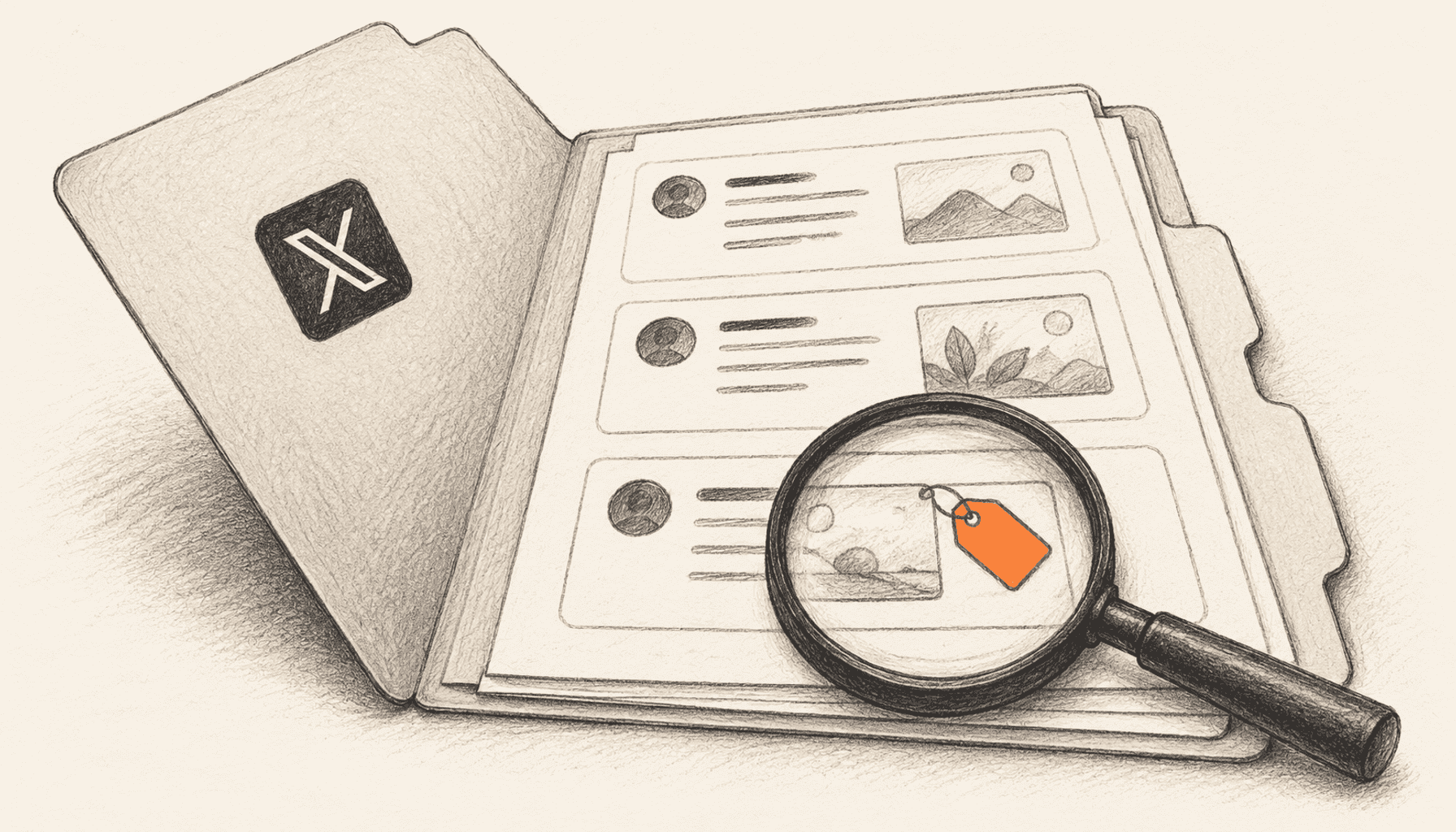 An open folder marked with the X logo holds a report of post cards, with a magnifying glass revealing one orange tag; charcoal pencil illustration on warm cream with a single orange accent.