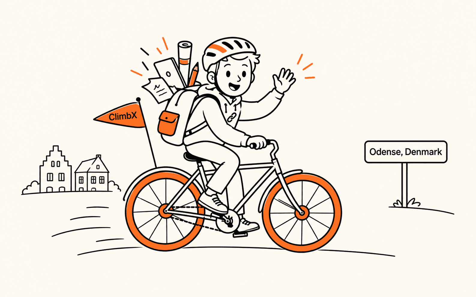 The ClimbX founder wearing a helmet and cycling through Odense with a backpack full of projects