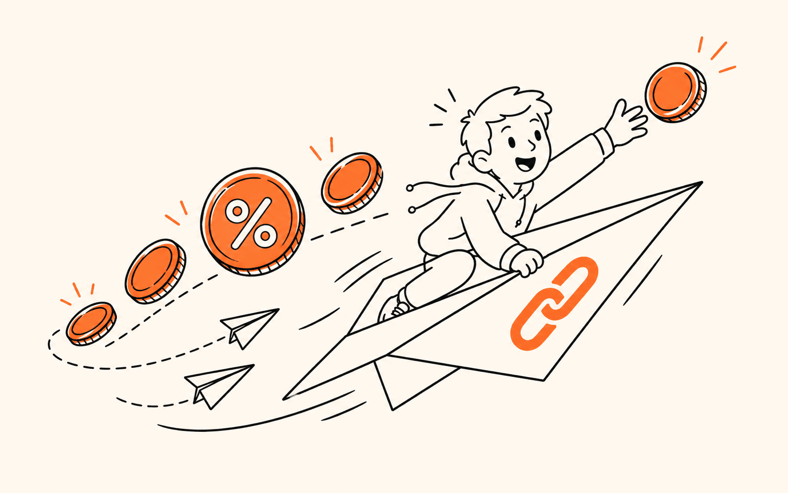 A smiling creator riding a referral paper plane through a trail of orange coins