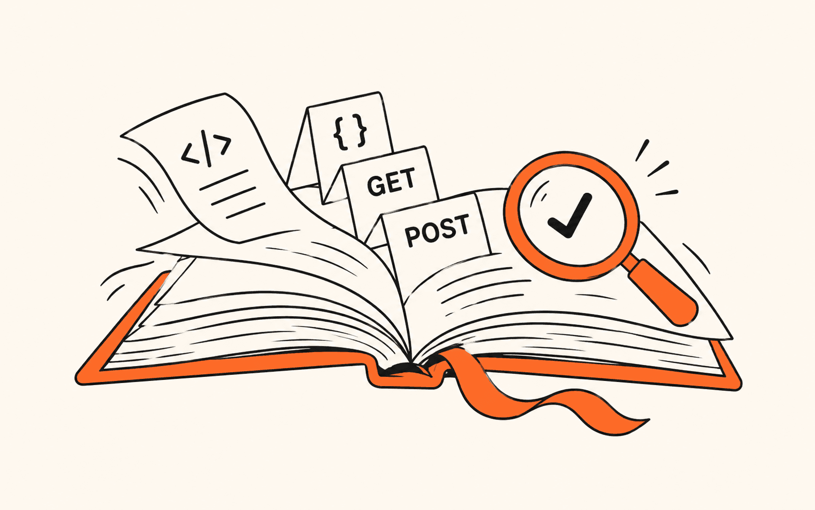 An open API reference book with pop-up GET and POST tabs and a magnifying glass