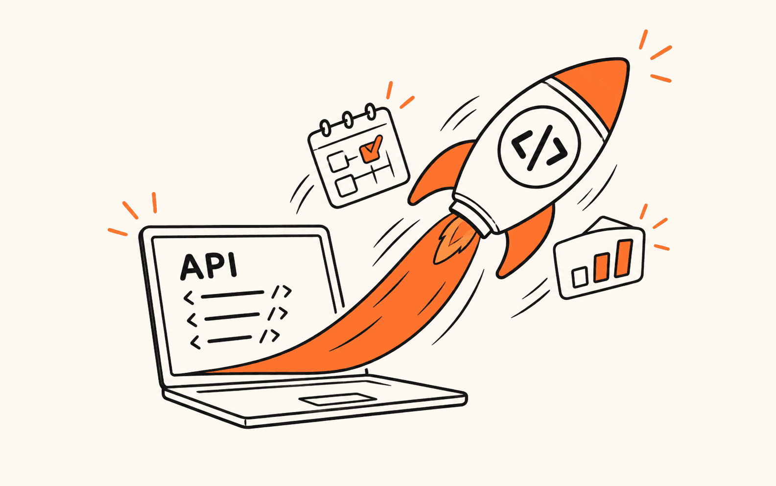 A code-powered rocket launching from an API laptop with scheduling and analytics