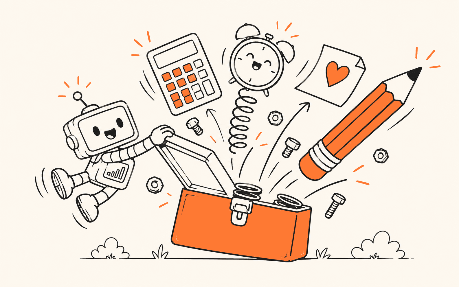 A robot hanging onto a toolbox bursting with a giant pencil, calculator and clock