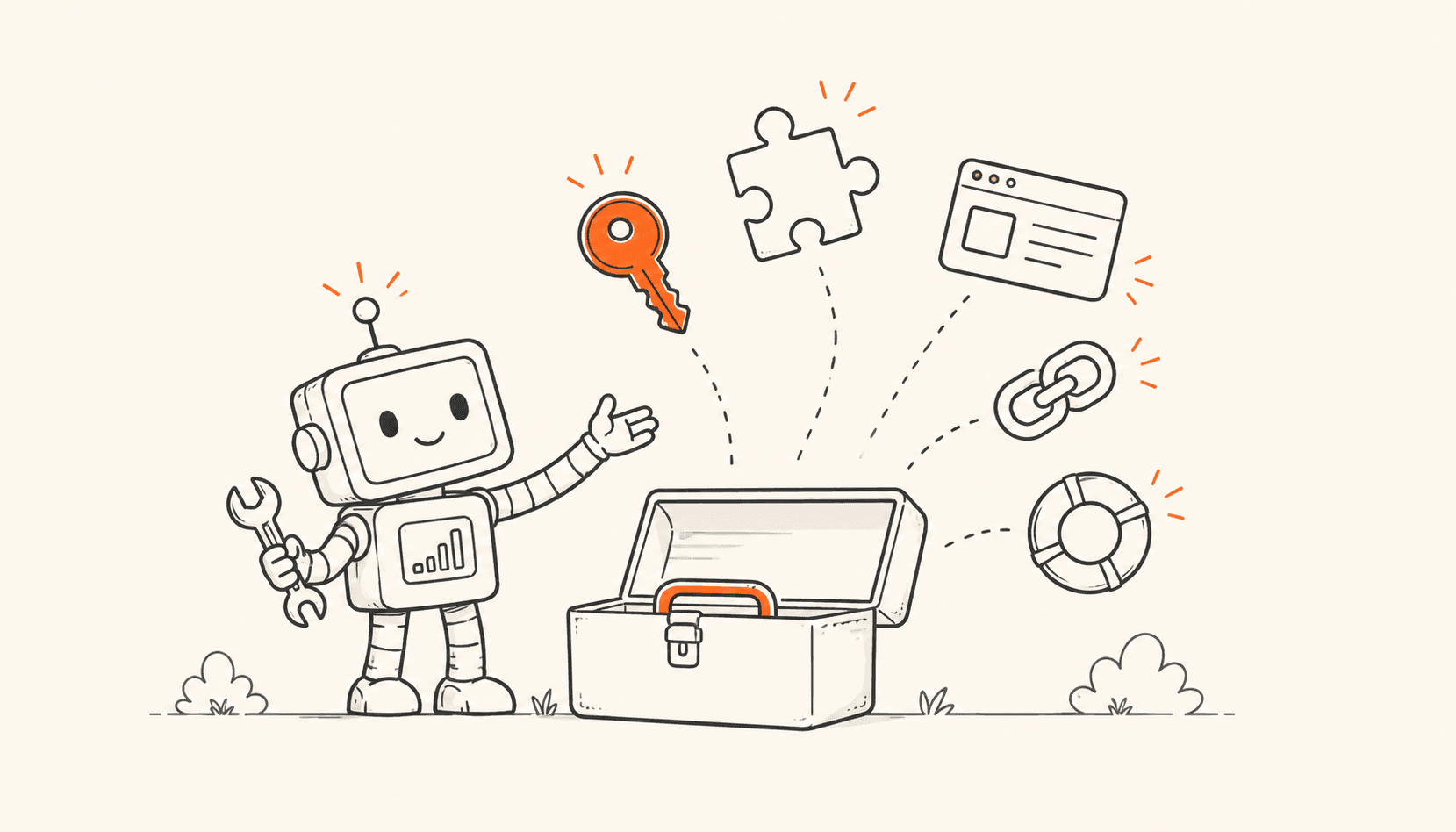 A friendly robot opening a toolbox filled with creator tools